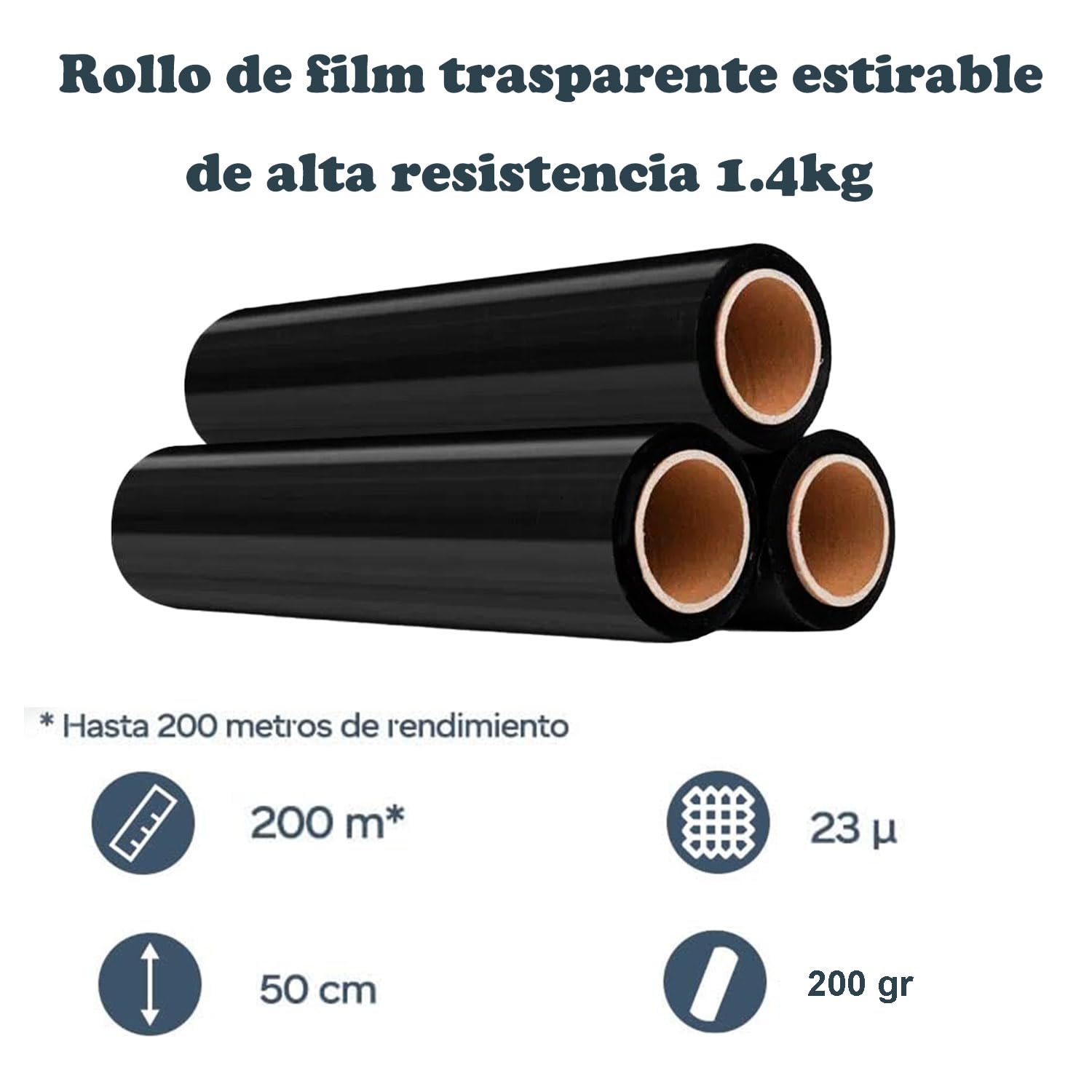 Various Film Negro para embalaje plástica retráctil de 50cmx200m,23 micras, resistencia industrial de estiramiento, adherencia Negro, envoltura para mudanza, palets.