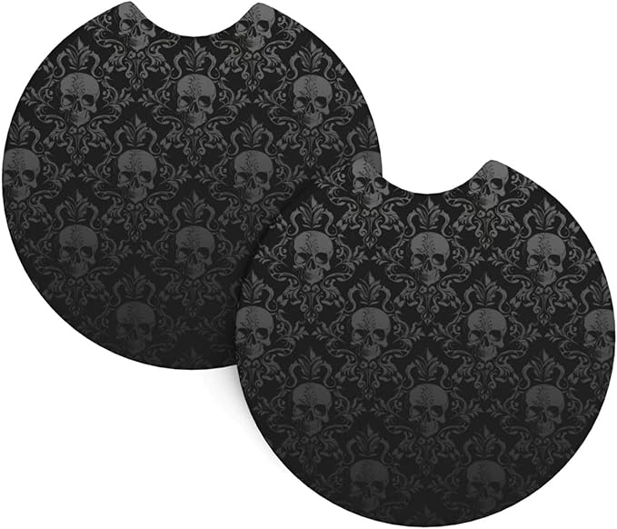 Gothic Black Skull Car Coasters,2 Pack Rubber Pad Universal Non-Slip Car Interior Cupholder Pad Accessories