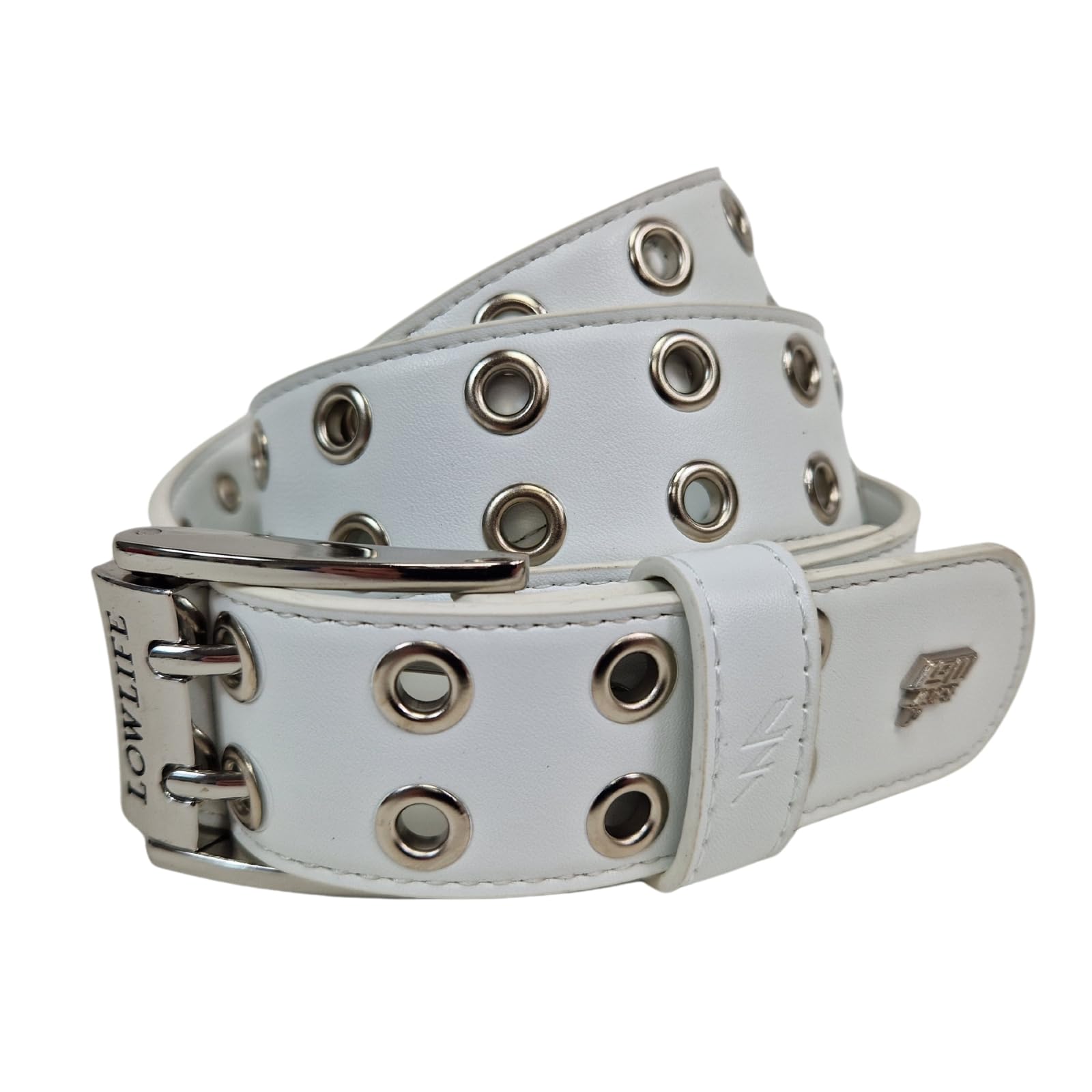 Lowlife Duplici Vegan Double Eyelet Faux Leather Belt in White & Silver
