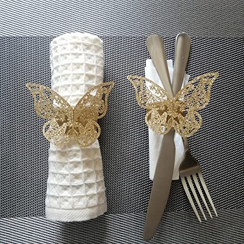 JinSu 50Pcs Ronds de Serviette Papier 3D Papillon, Bling Anneau de Serviette Or, Rond Serviette de Table Mariage pour Mariage, Baptême, Communion, Anniversaire, Noël, Banquet, Dîner, Fête