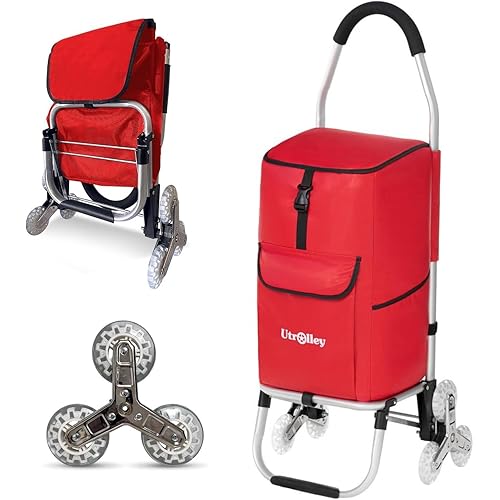 Ultra-Lightweight Foldable Stair-Climbing Red Shopping Cart - 42L Capacity, Six Rubber Wheels, Removable Insulated Bag Liner, Durable Aluminum Frame,Multi-Function Personal Hand Truck