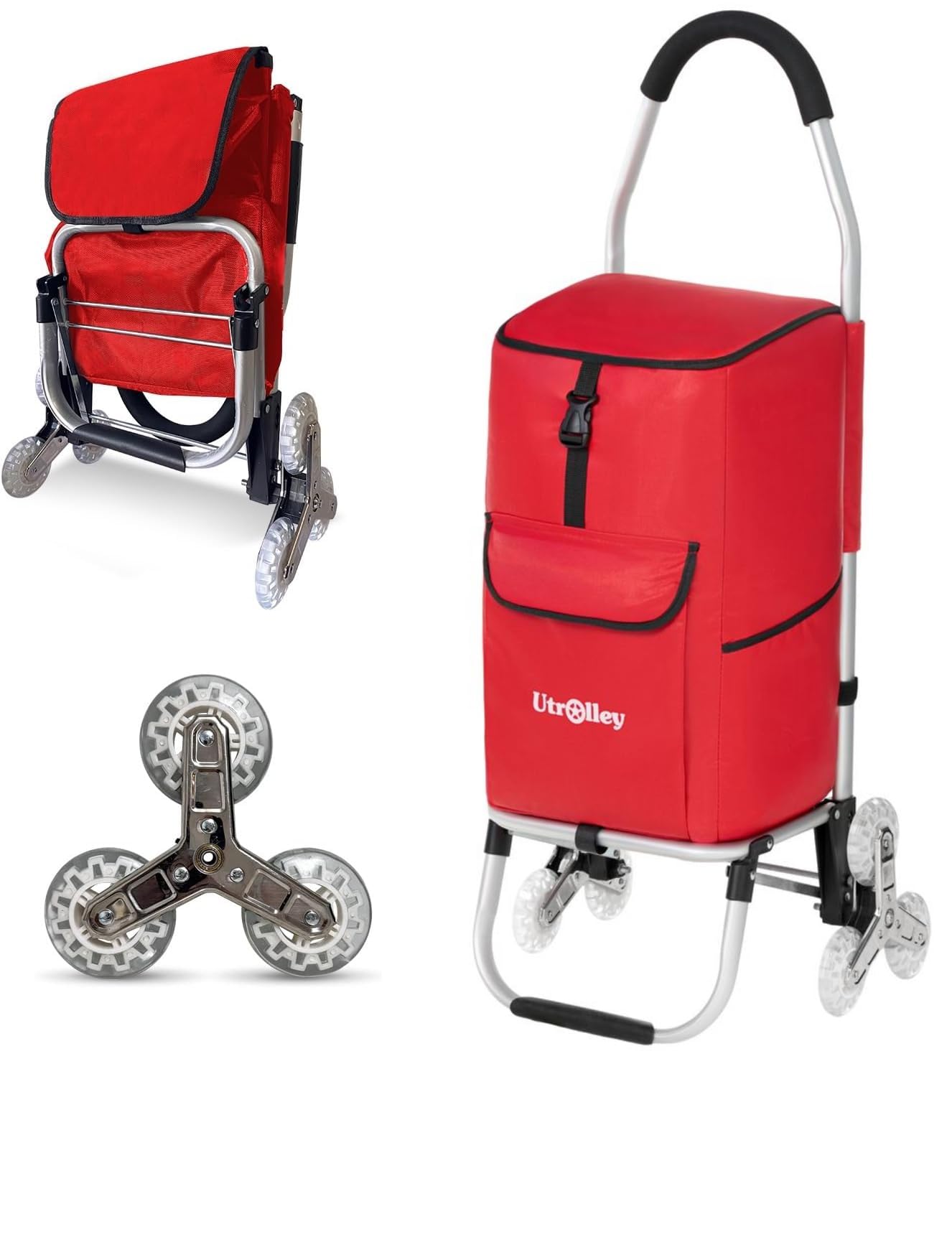 Ultra-Lightweight Foldable Stair-Climbing Red Shopping Cart - 42L Capacity, Six Rubber Wheels, Removable Insulated Bag Liner, Durable Aluminum Frame,Multi-Function Personal Hand Truck