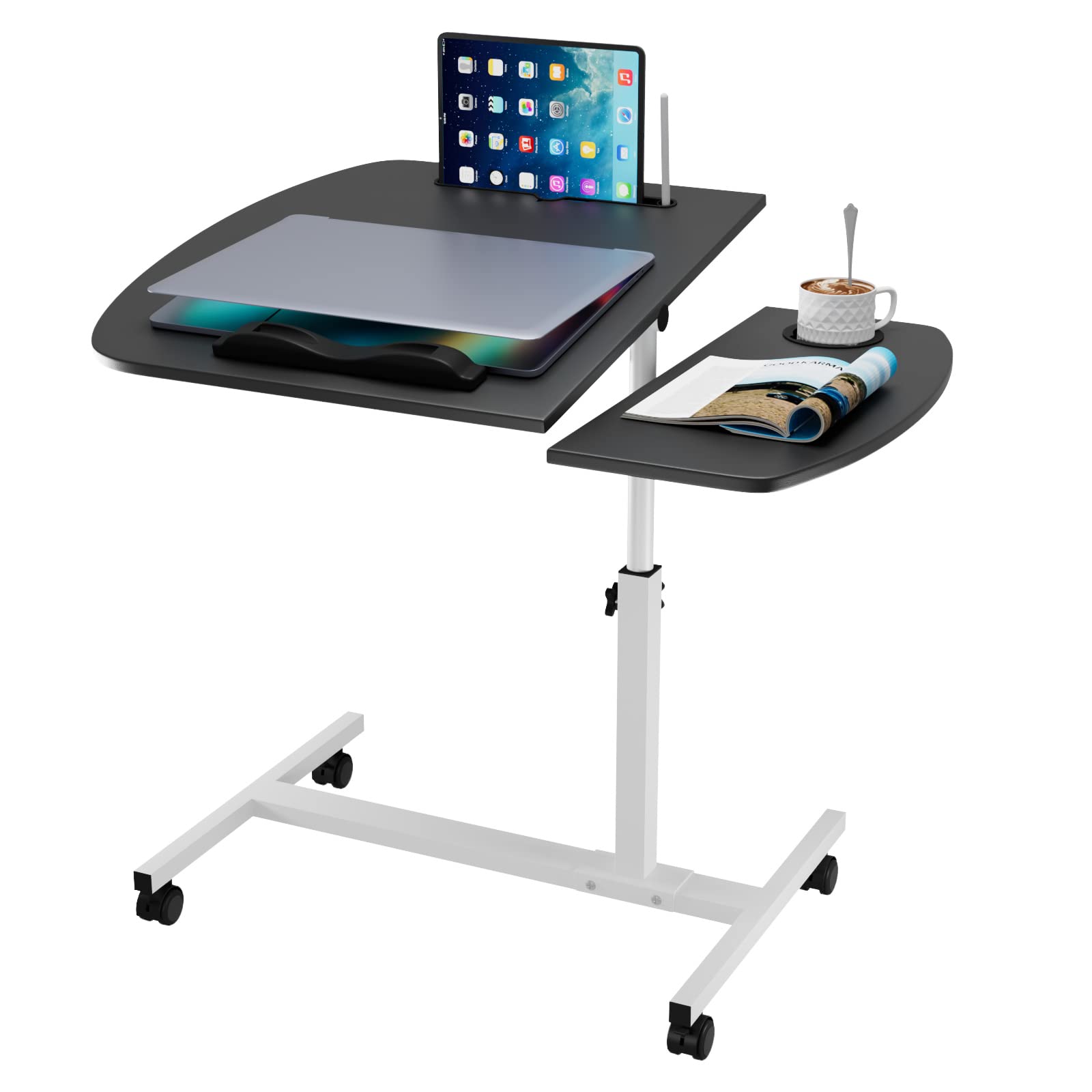 Escritorio Con Ruedas, 60x40cm Altura Ajustable, Flip 180° y Rotación 360°, Ranura Para Taza, Soporte de Lectura, Mesa Auxiliar Para Cama Sofá, Negro