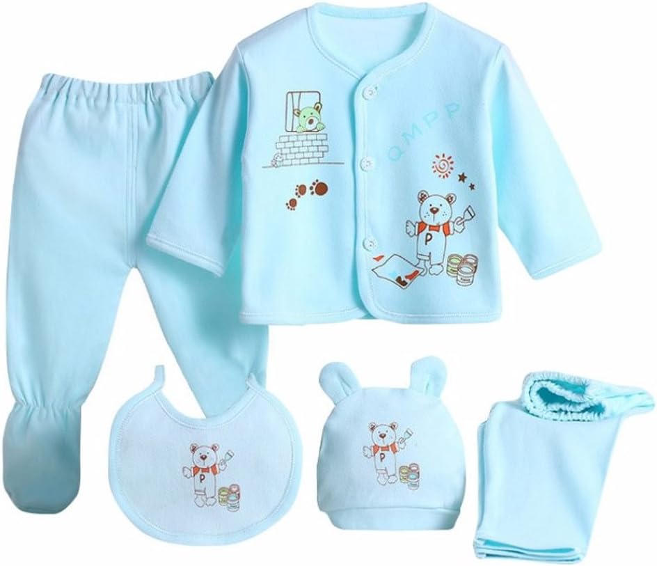 5PCS Newborn Baby Boys Girl's Cotton Grow Top Hat Pants PlaySuit Sets Outfit