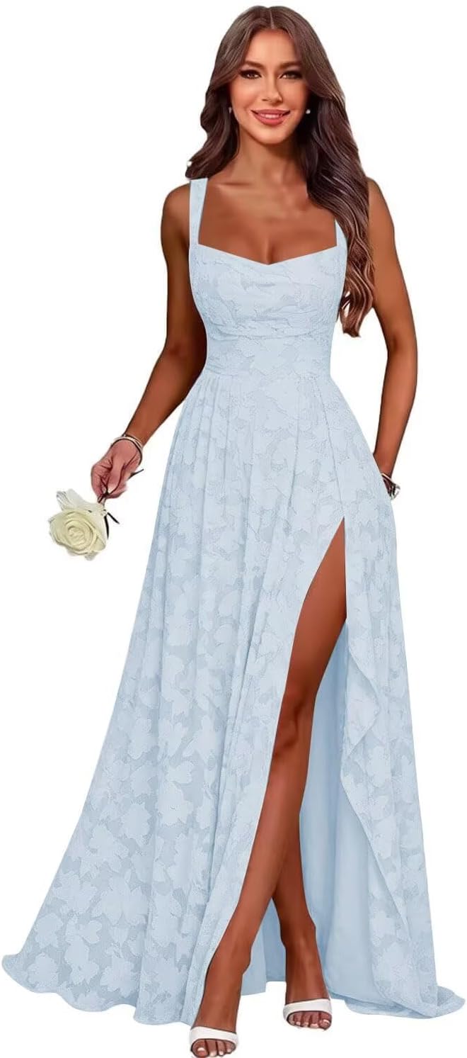 Bridesmaid Dresses Long Floral Chiffon Slit Ruffle Slit Pleated Formal Dresses for Women