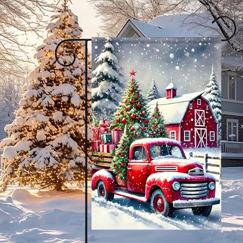 Image of BlissYard Christmas Garden Flag 12x18 Inches - Double-Sided Red Vintage Truck with Christmas Tree and Barn Design, Weatherproof Holiday Outdoor Decoration for Lawn, Garden, and Pathways