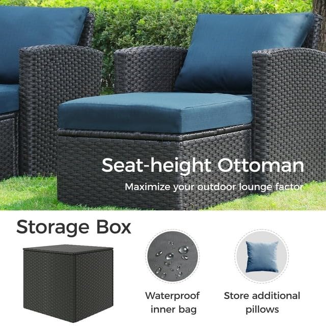 Image of 7 Seater Conversation Wicker Sofa Set with Center Table and Side Table, Outdoor Patio Furniture Set with Cushions for Poolside, Garden, Balcony, and Terrace.(Dark Brown and Nevy Blue)