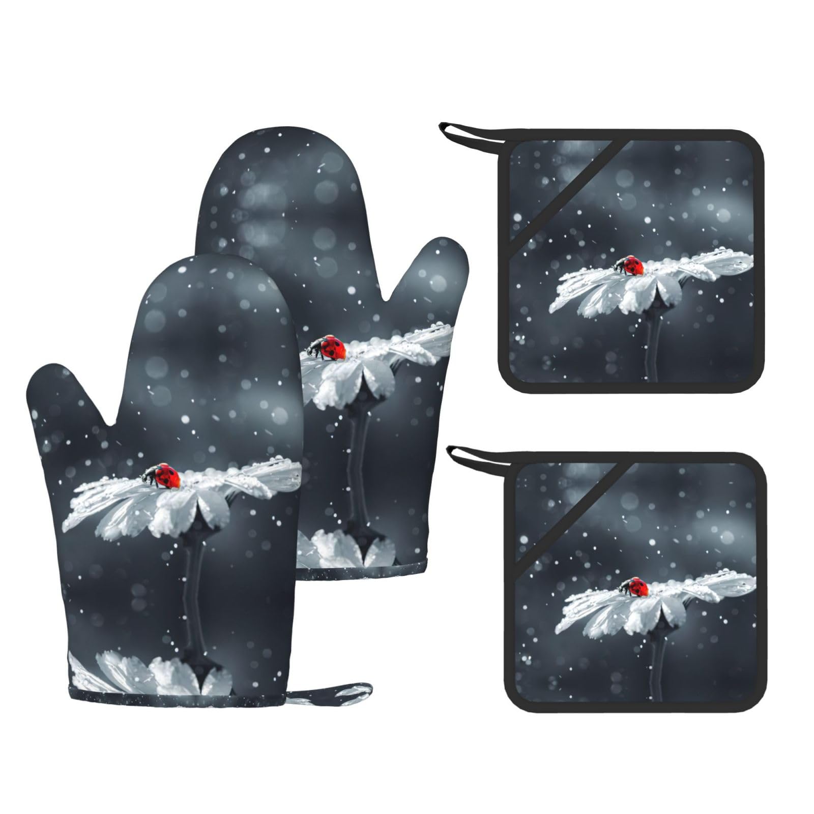 Ladybug on Daisy Flower Trendy Printed Kitchen Set with Heat Resistant Gloves & Non-Slip Hot Pads for Baking & Grilling
