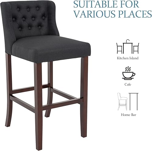 Miniatura 7 de Brage Living Taburete de bar de 30 pulgadas, taburete de bar de tela de lino con botones y patas de madera maciza, silla de bar tapizada sin brazos