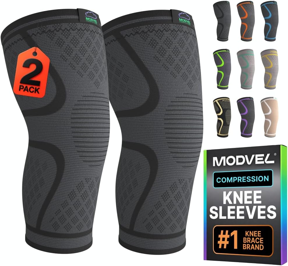 Modvel Compression Knee Brace for Women & Men - 2 Pack Knee Brace for Running Knee Pain, Knee Support Compression Sleeve, Workout Sports Knee Braces for Meniscus Tear ACL & Arthritis Pain Relief