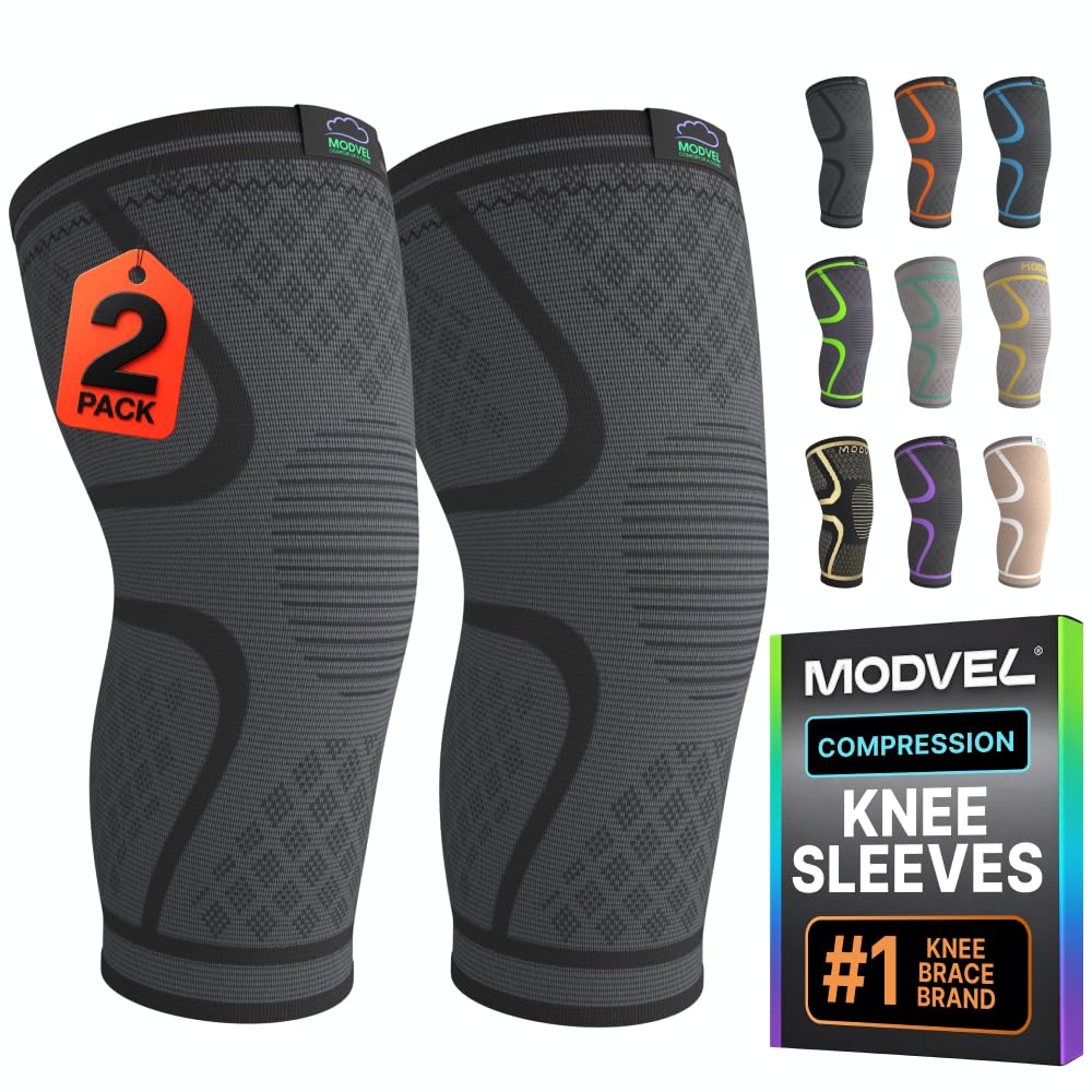 Modvel Compression Knee Brace for Women &amp; Men - 2 Pack Knee Brace for Running Knee Pain, Knee Support Compression Sleeve, Workout Sports Knee Braces for Meniscus Tear ACL &amp; Arthritis Pain Relief