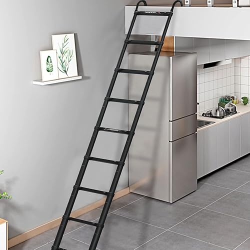Miniatura 7 de Escalera de extensión telescópica de aluminio de 12.5 pies, escalera plegable para ático con 2 ganchos desmontables, correa de seguridad