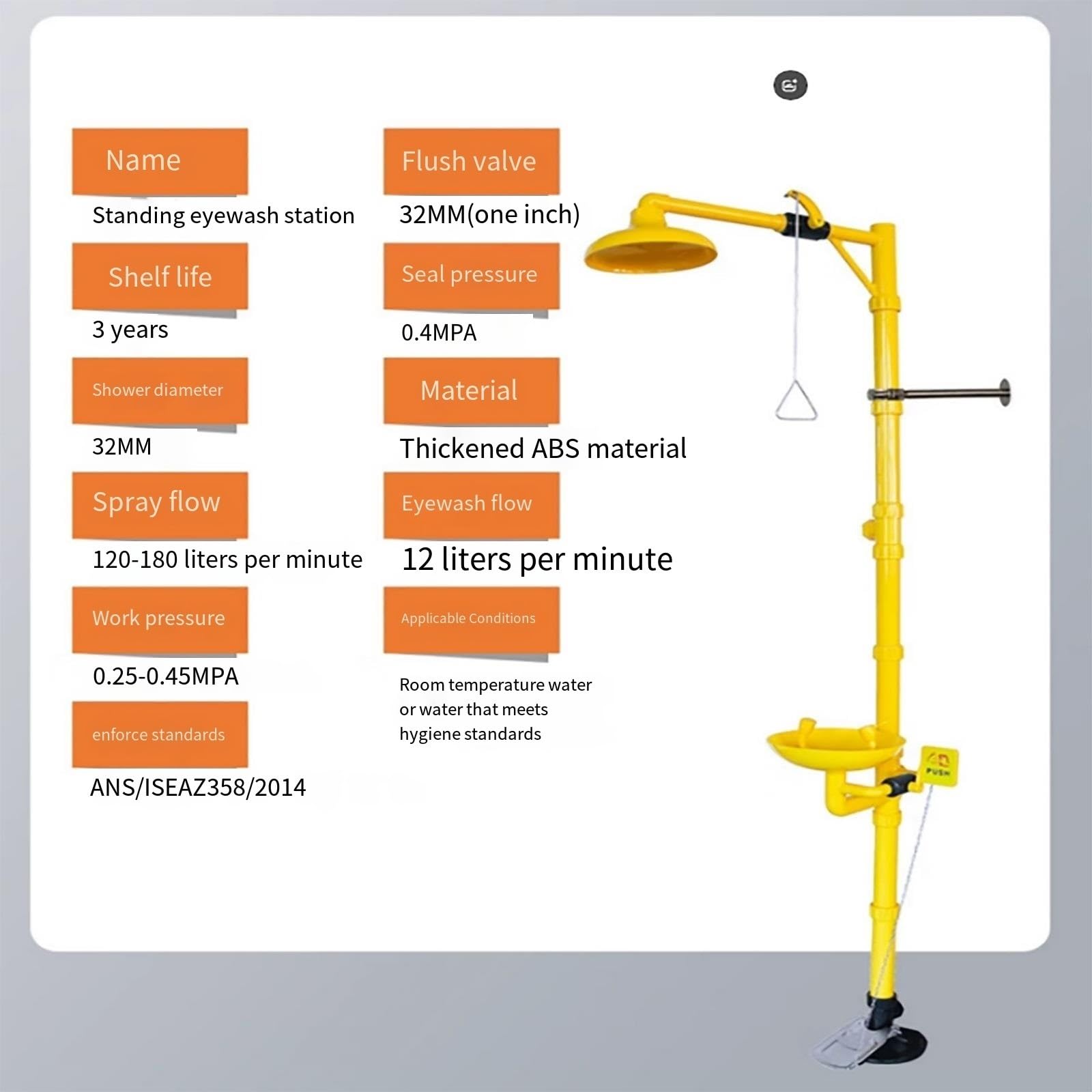 Estación lavaojos de Emergencia, Ducha combinada con Pedal, Acero Inoxidable 304 con Revestimiento ABS, para Seguridad en Laboratorios industriales y Exteriores.
