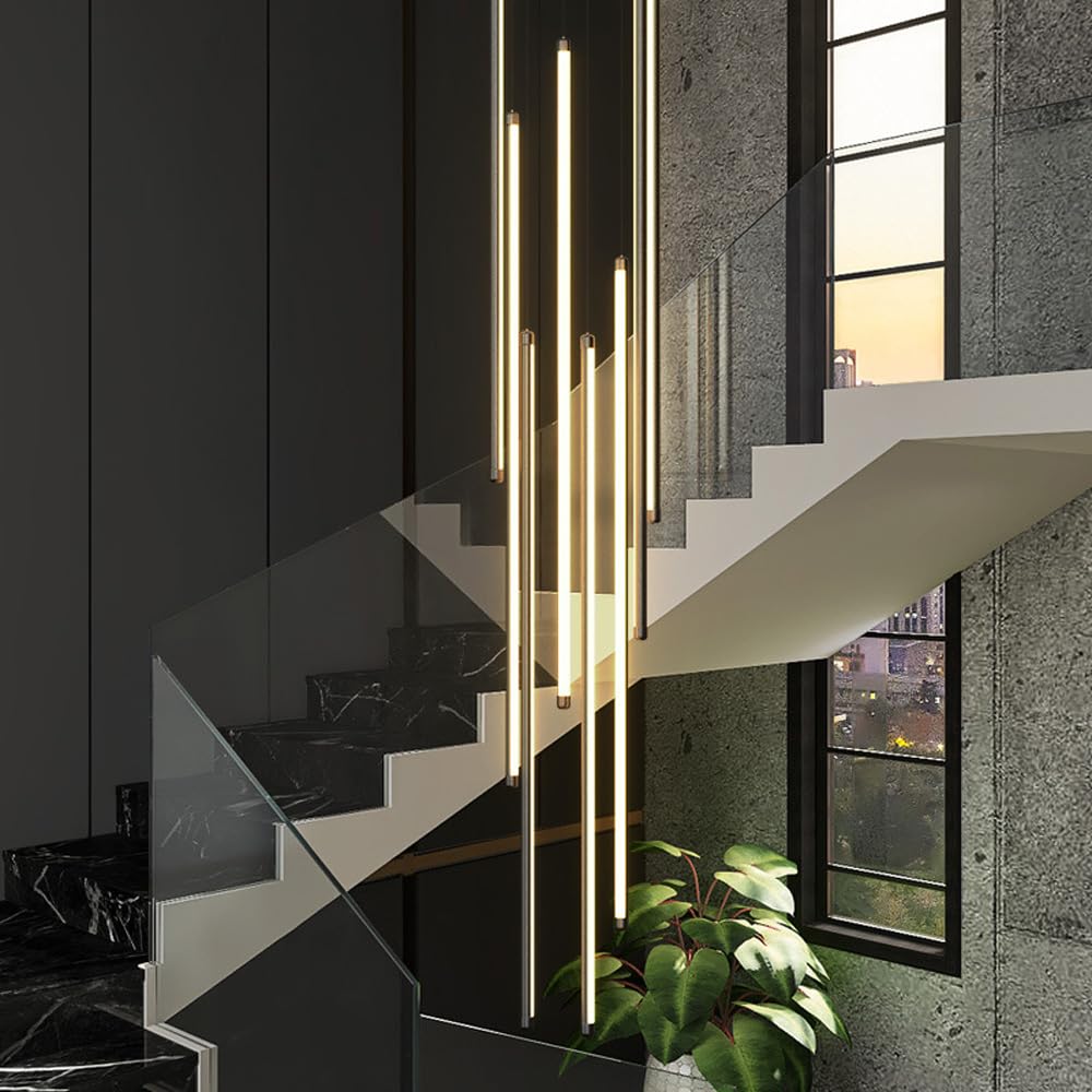 Lampadari da Camino a LED Neri per soffitti Alti Lampadario lineare Lungo sospeso Lampadario lineare Moderno dimmerabile Oro con Telecomando per Soggiorno Tavolo da Pranzo Ingresso RVVU