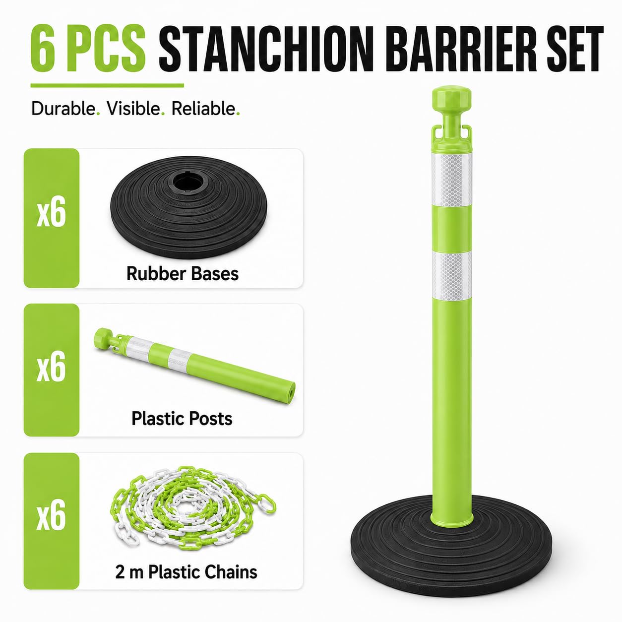 6er-Pack Absperrständer-Set 99,6 cm hoch inklusive 6 Kunststoffketten je 2 m, Tragbar für Baustellen und Events (Grün-Weiß)