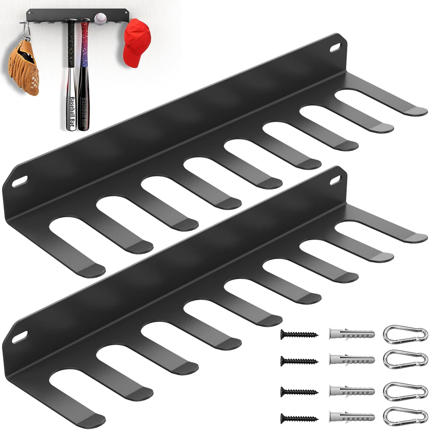 Wall Mount Baseball Bat Rack, Hold 16 Bats, Home Gym Sports Equipment Organizer Hanger, Olympic Barbells Holder, Heavy Duty Hooks for Hangs Bats,Gloves,Hats,Bags,Balls,Row Handles or Tools, 2 Pack