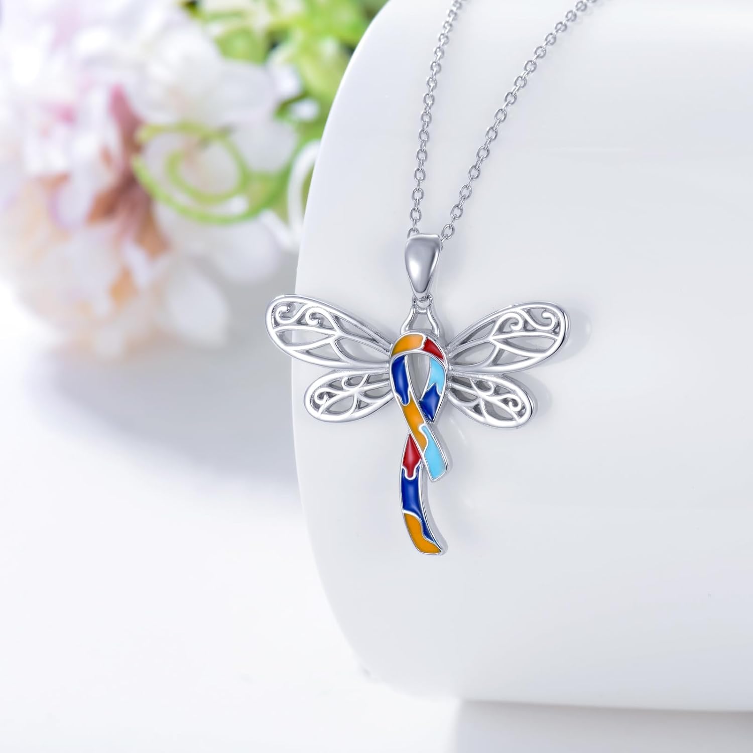 AOBOCO 925 Sterling Silver Butterfly/Dragonfly/Angel Wing/Cross Autism Awareness Necklace Autistic Colorful Puzzle Piece Necklace Autism Awareness Jewelry Gifts - Image 2