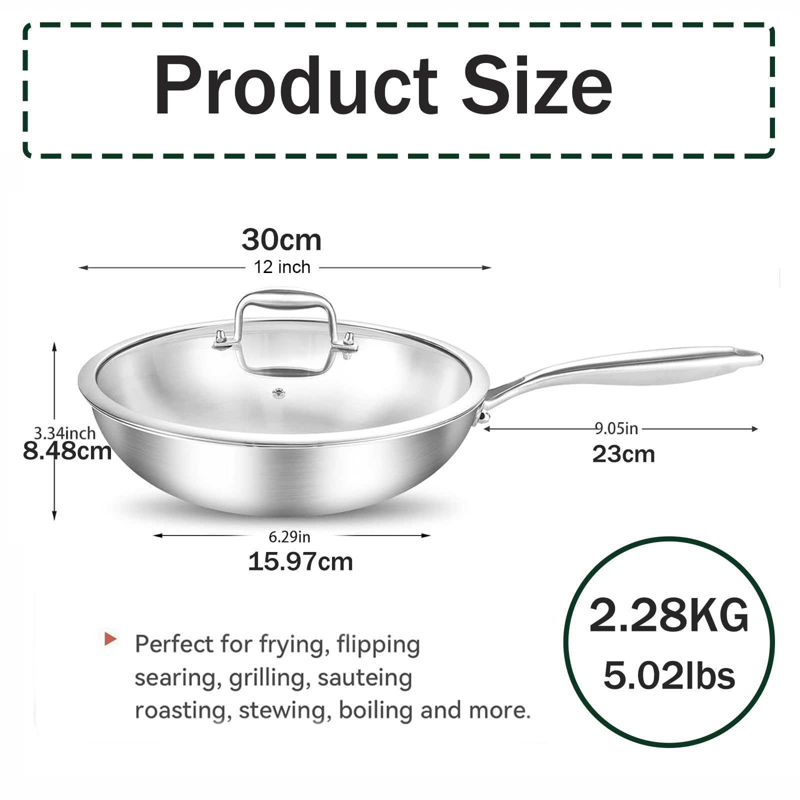 Padelle wok in acciaio inossidabile: padella non rivestita da 30 cm con coperchio, forno a induzione 752 °F (400 ℃), fornello a gas, bordo alto, manico rimovibile