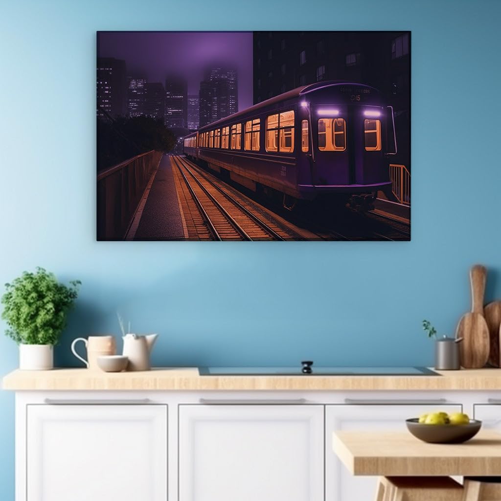 Canvas for Living room. Mystical Night Ride: The Purple Train's Urban Escape, 27 x 18 inch Canvas Wall Art - Ready to Hang