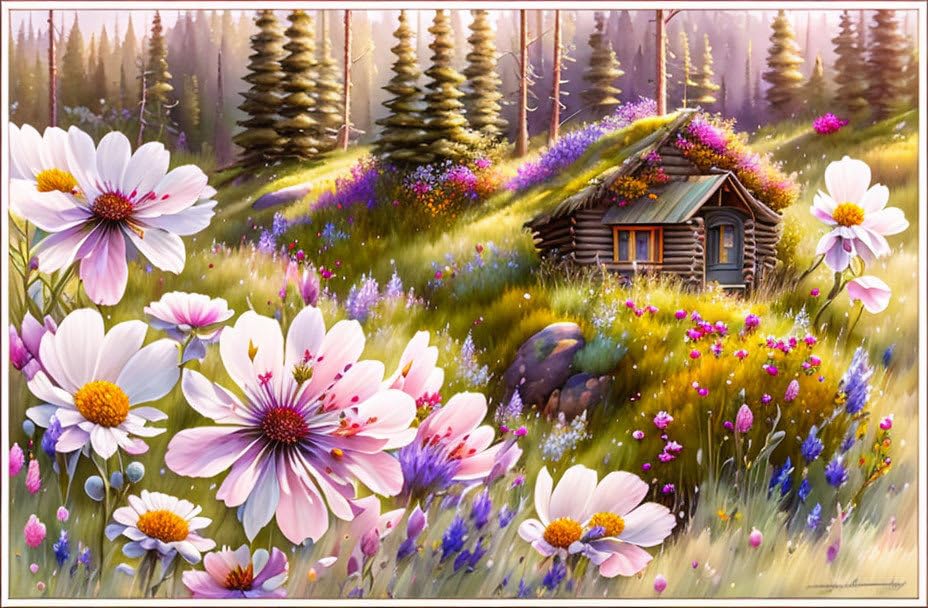 Toile murale sans cadre patchwork paysage fleurs sauvages et cabane tableau déco 50 x 70 cm