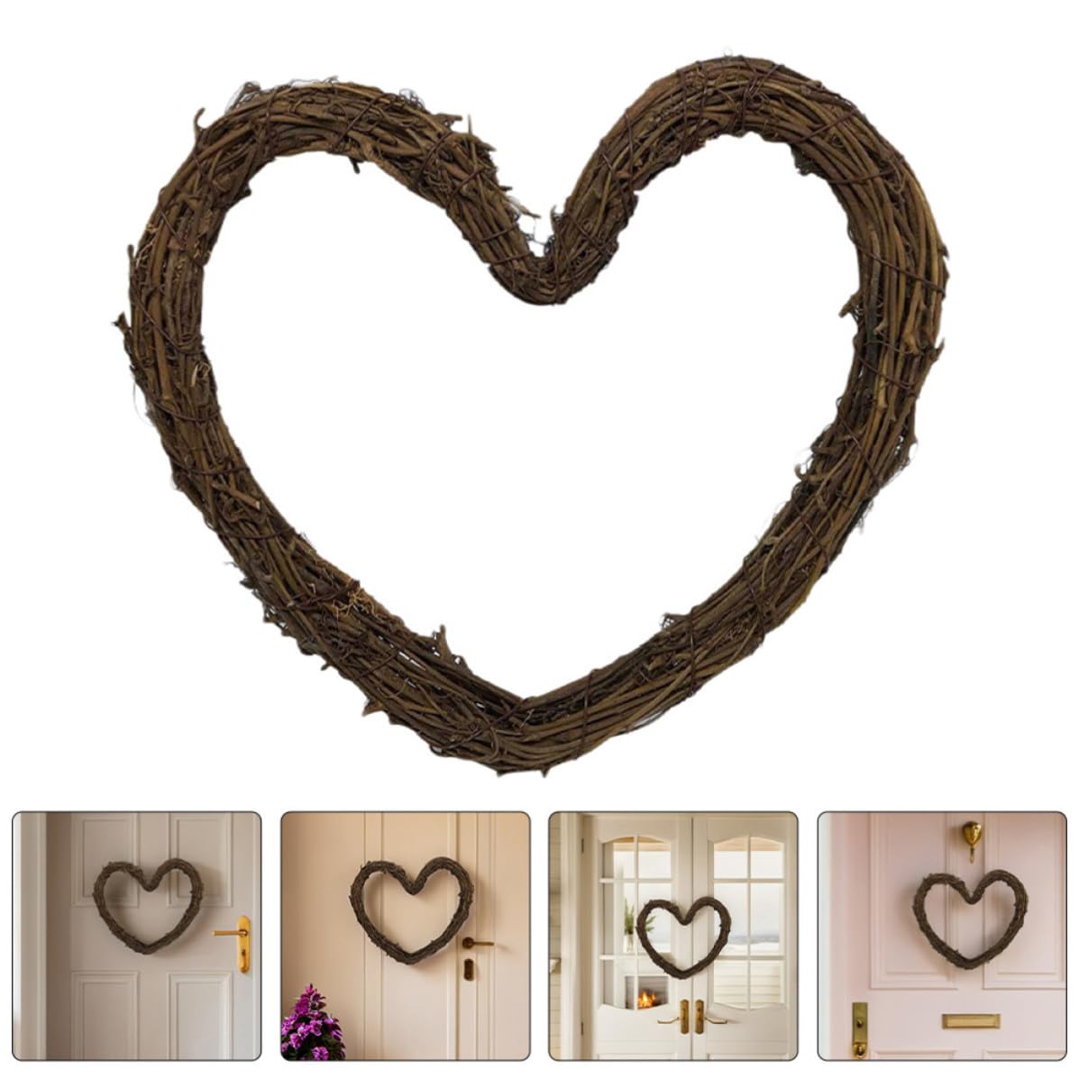 Operitacx 4 Piezas Anillo de Ratán Artesanal Forma de Corazón de 14 Pulgadas, Decoración Navideña Rústica y Natural para Puerta y Hogar, Fácil de Colgar