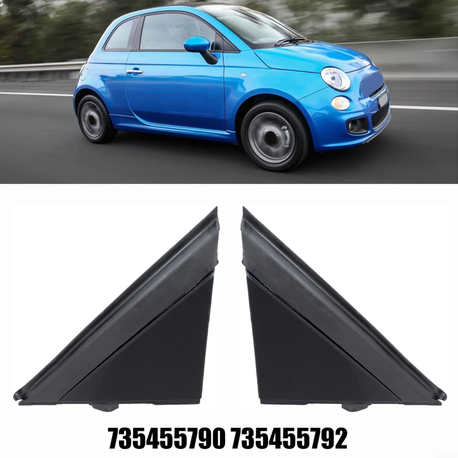 2 Pezzi Copertura Triangolare Specchietto Esterno per Fiat 500 dal 2007, OEM 735455792 735455790, Rivestimento Colonna A Nero ABS