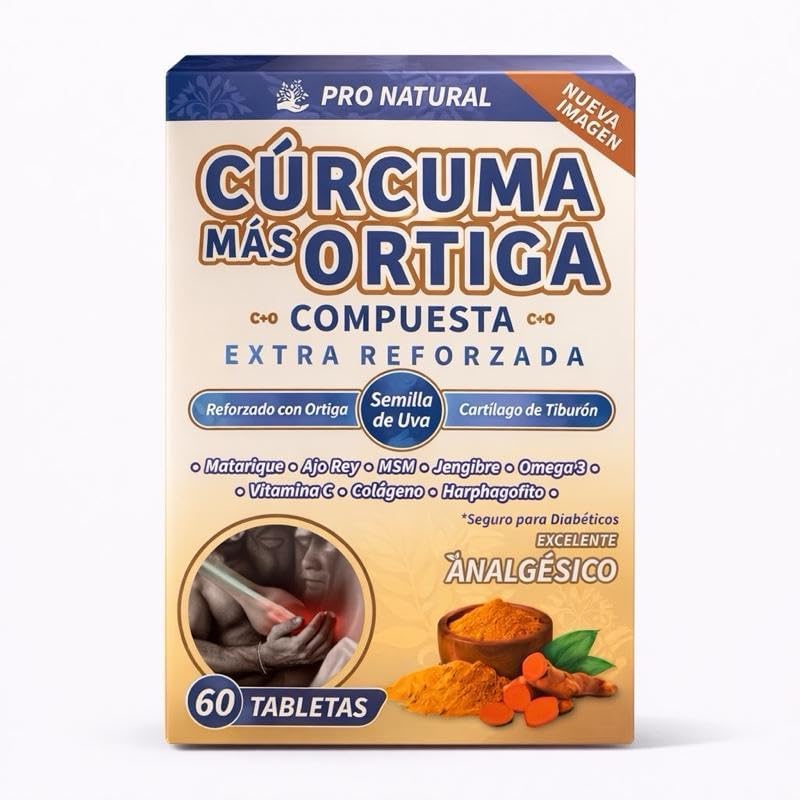 Cúrcuma Más Ortiga Extra Reforzada Turmeric and Nettle Compound with Grape Seed, MSM, Ginger and Vitamin C, 60 Tablets