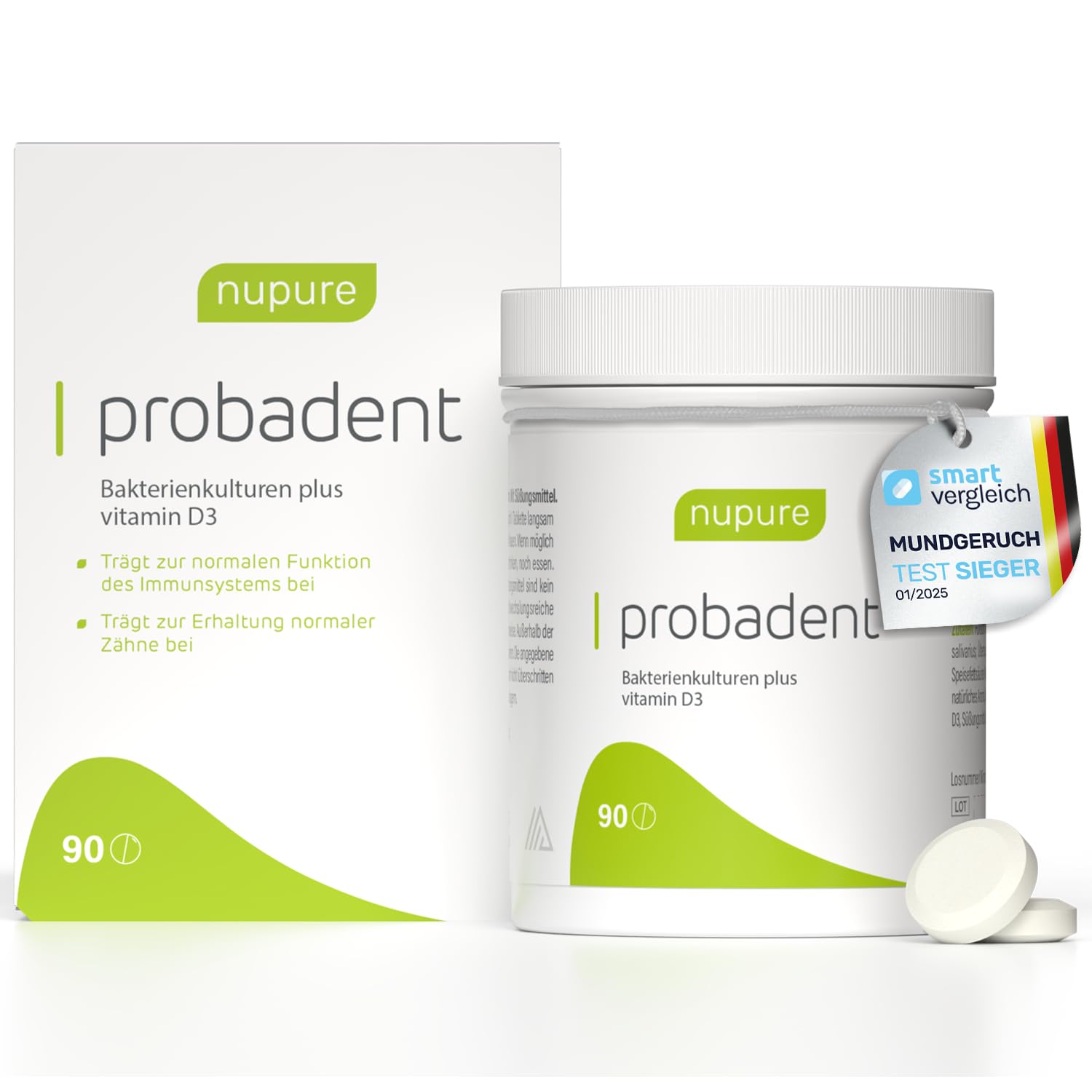 Nupure® Probadent Lutschtabletten gegen Mundgeruch mit Bakterienkulturen für die Mundflora mit 5 μg Vitamin D, Mundgeruch bekämpfen, Zitronengeschmack, Mundhygiene ohne Mundwasser, 90 Kapseln