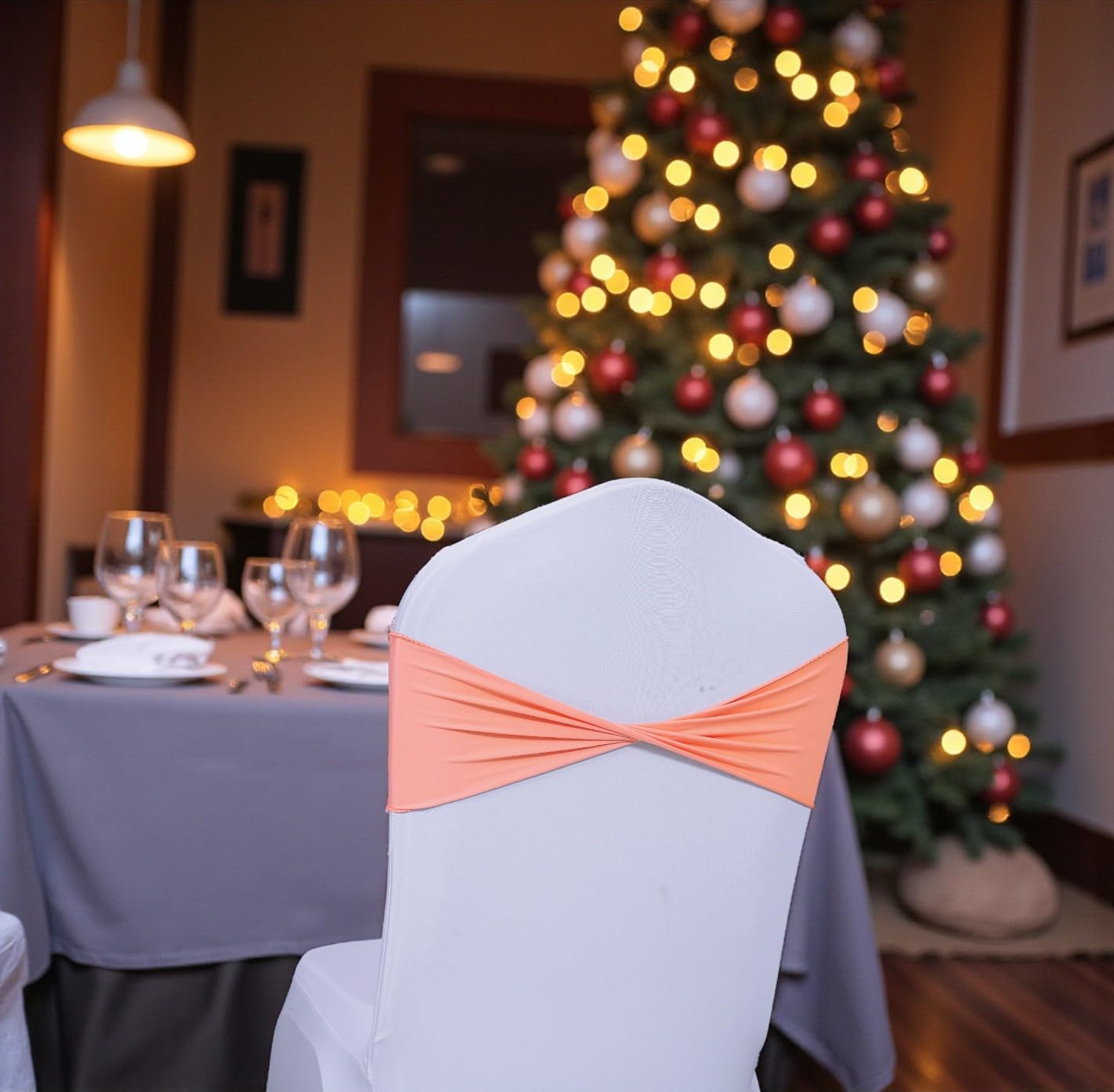 MDS Pack of 100 Spandex Chair Sashes Bows Elastic Stretch Dining Chair Bands Ties Without Slider Buckle Universal fits for Wedding Baby Shower