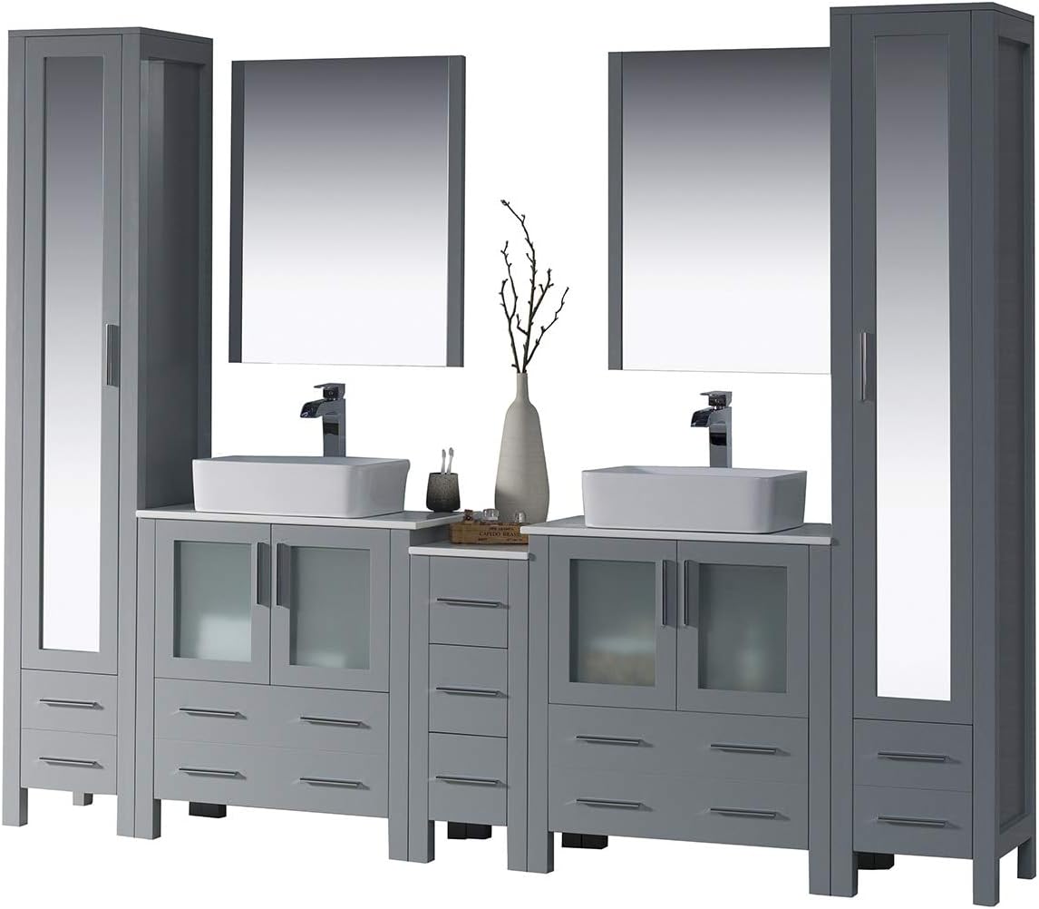 Blossom 102" Glossy White Double Vessel Sink Bathroom Vanity Set, Solid Wood Freestanding Cabinet, 2 Linen Closets, Side Cabinet & 2 Mirrors, Soft-Close Storage