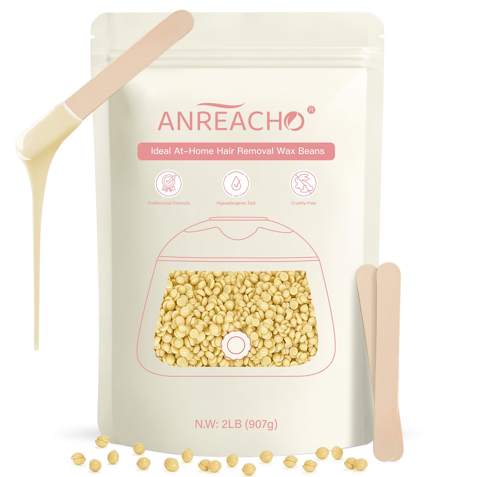 Hard Wax Beads for Hair Removal, 2lb Waxing Beans for Coarse Hair, Home Wax Refill Bag for Brazilian, Bikini, Face, Underarms with 10 Wax Spatulas Cream