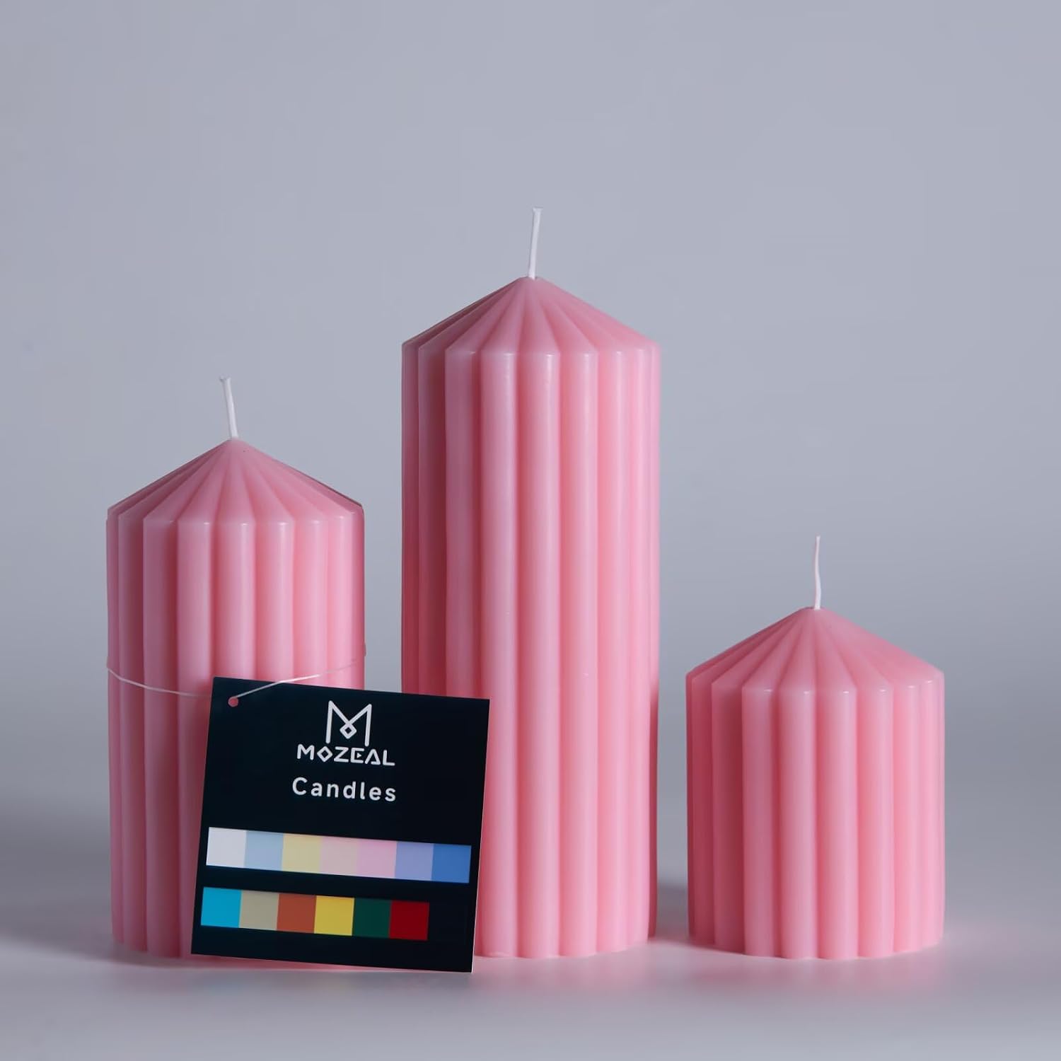 MOZEAL Hand-Poured Pointed Ribbed Soy Pillar Candles Set of 3 - Decorative Ivory Unscented Dripless Smokeless (4",6",8") 300 Hr Burn - Stylish Wedding Décor