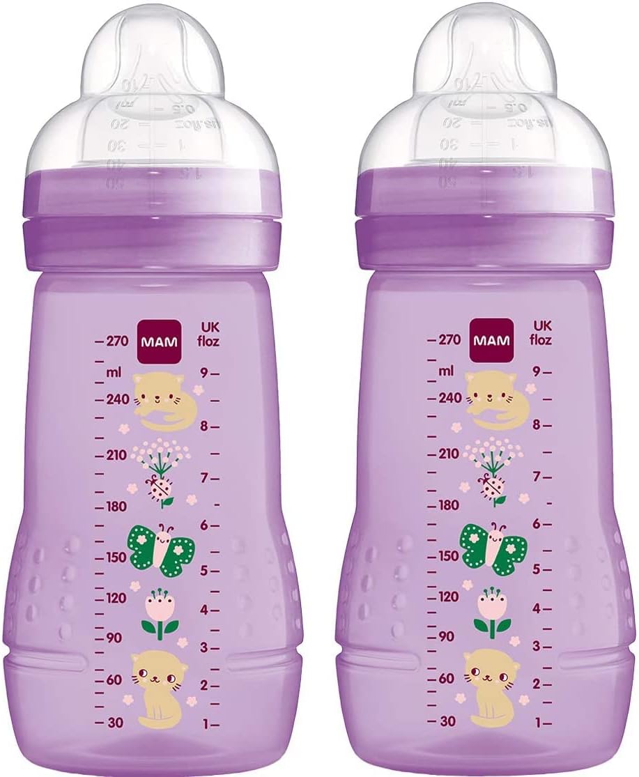 Easy Active Baby Bottle with Medium Flow MAM Teats Size 2, Twin Pack of Baby Bottles, Baby Feeding, 270 ml, Purple (Designs May Vary)