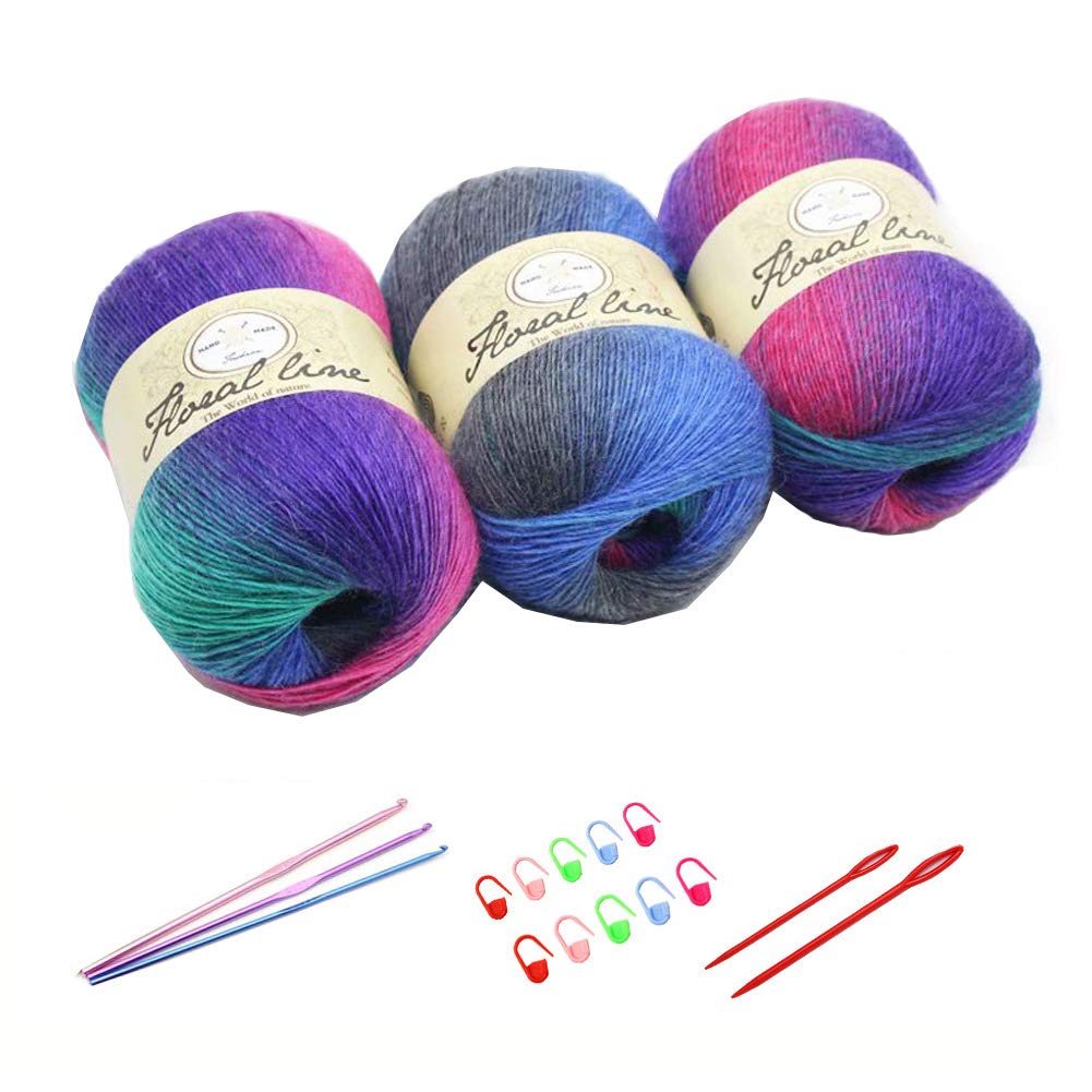 3X 100g Rainbow Wool Yarn Balls Chunky Knit Double Pom Pom Coloured Chunky Wool with 3 Crochet Hooks, 2 Needles