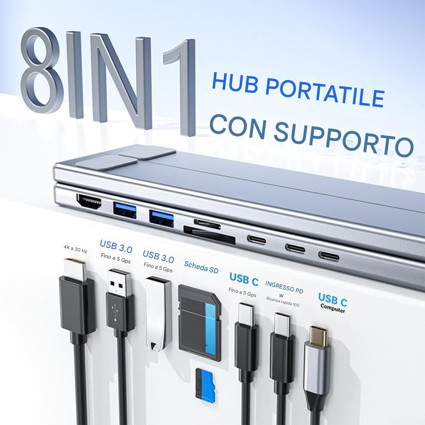 Base Para Portátil Con Puertos USB 8 En 1 Hub Para Tableta Con Ventilación | Soporte Ergonómico para Portátil Para Ordenador Portátil Tablet Computadora de