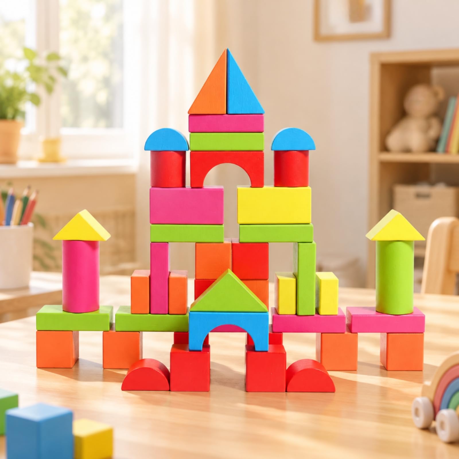 82 Pezzi Blocchi da Costruzione in Legno di Faggio con Bordi Lisci Set di Blocchi con Forme Geometriche Aperti per Young Child