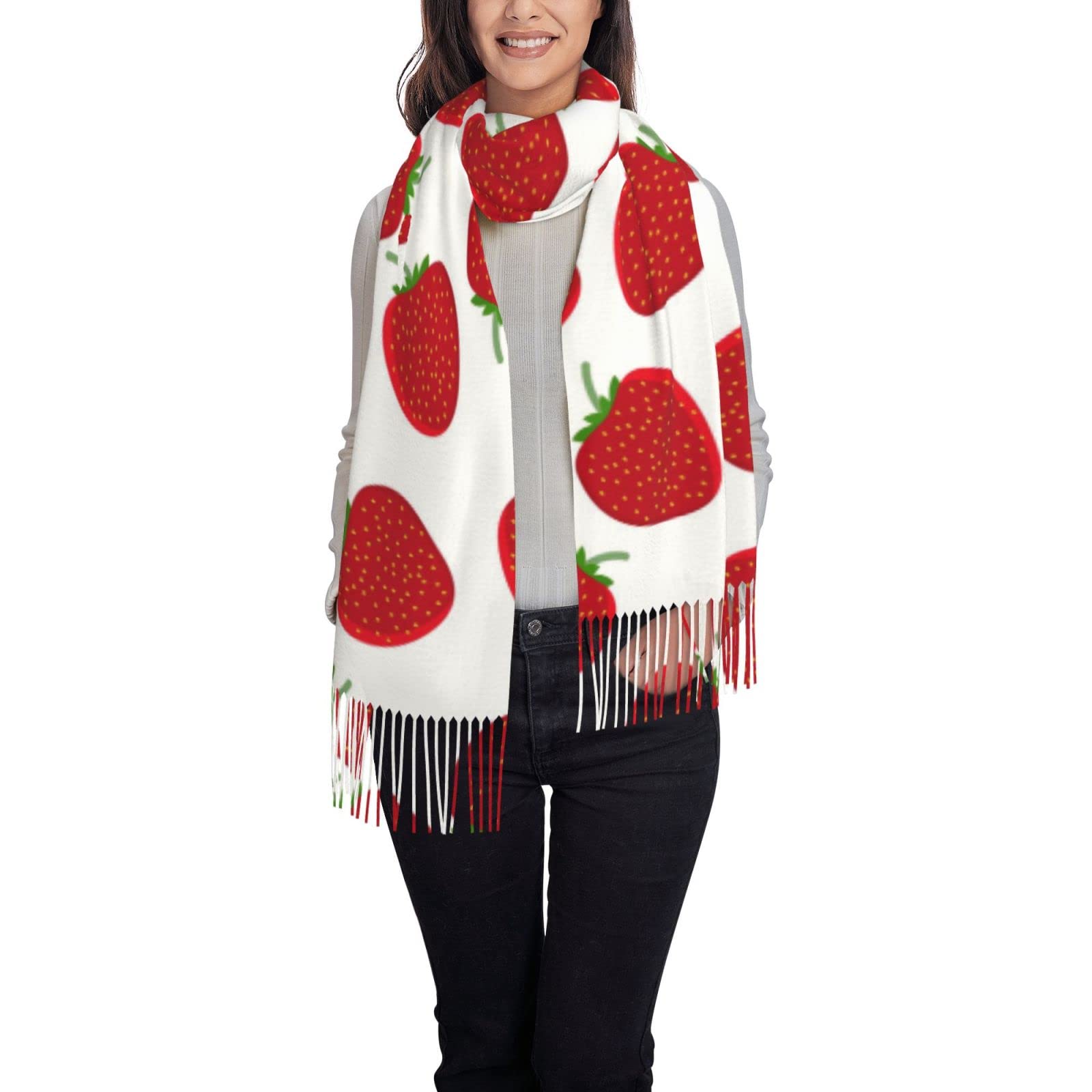 Buuloo Unisex Strawberry Ladies Scarf, Printed Faux Cashmere Shawl Scarf Warm Comfortable Soft Scarf With Fringe Scarf Fashion Winter Gift.