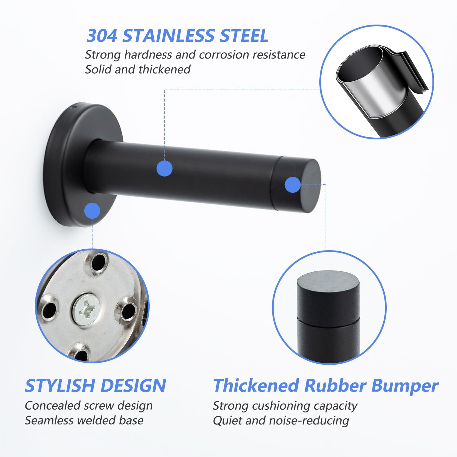 HOME MASTER HARDWARE 2 Pack Black 304 Stainless Steel Door Stoppers – 3.5 Inch Wall Protector Bumper with Sound Dampening