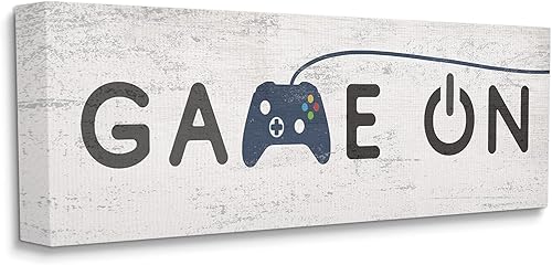 Stupell Industries Game On Video Gamer Phrase Blue Vintage Controller, diseñado por Daphne Polselli - Lienzo decorativo para pared, 13 x 30