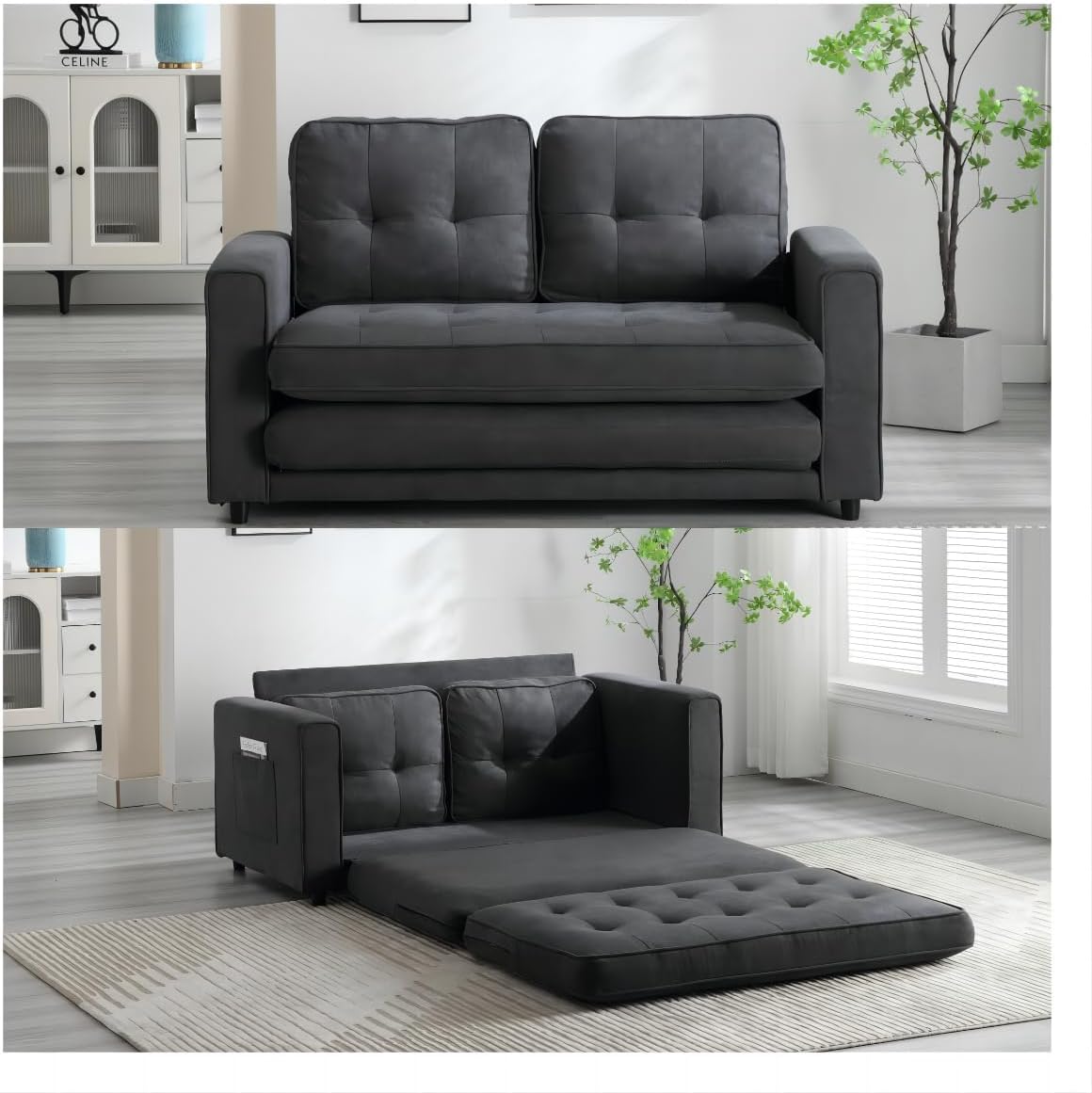 83" Convertible Sofa Bed Couches, 3 Fold Upholstered Futon Sofa Bed, Upgraded Loveseat Sleeper, Floor Sofa bed with Pull Out Sleeper Couch&Side Pockets for Living Room Apartment Office,Dark Gray