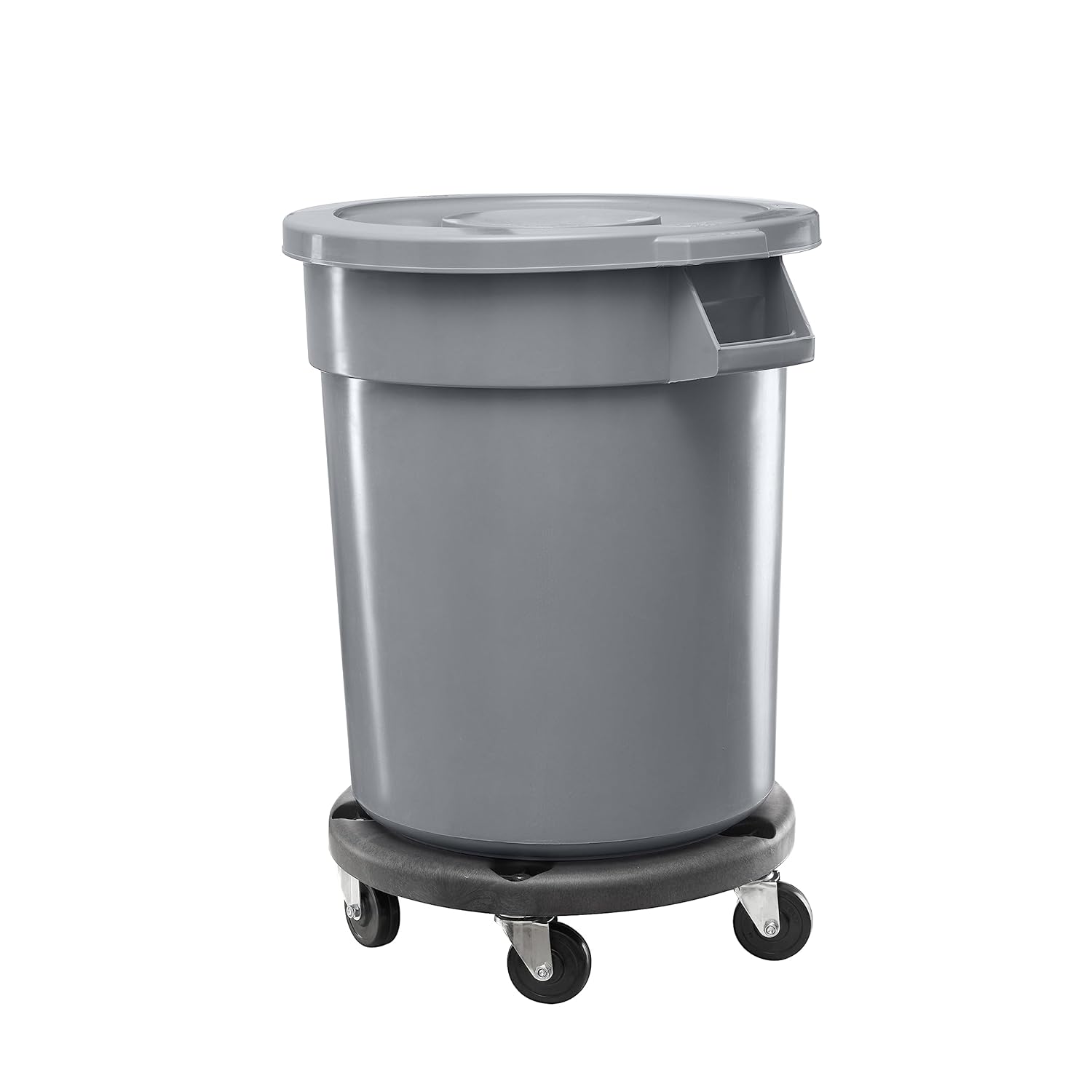 44 Gallon Round Commercial Trash Can with Wheels, Commercial Garbage Can with Lid and Dolly, Mobile Multi-Purpose Plastic Container, Grey