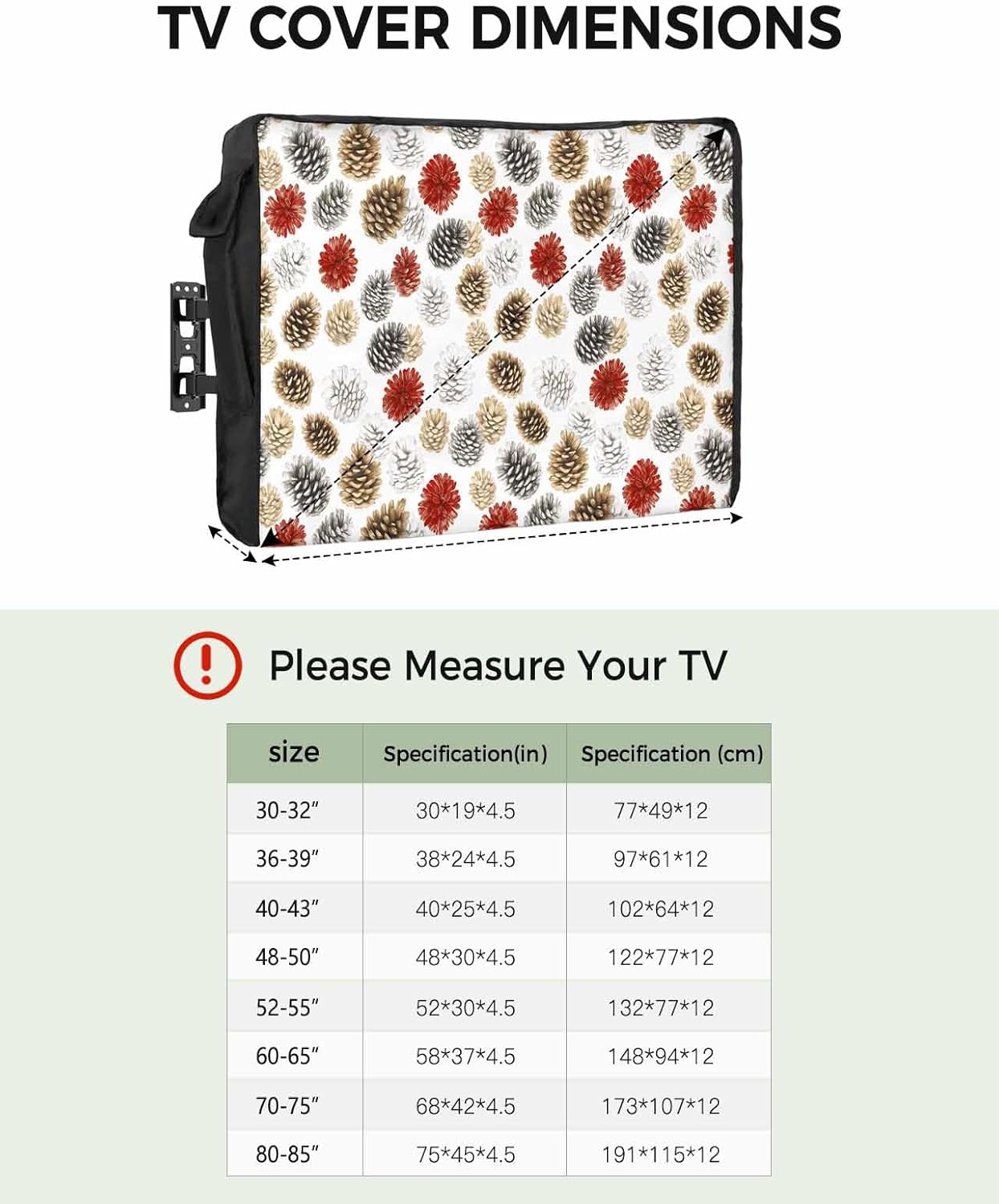 Christmas Red Yellow Pinecone Outdoor TV Cover 40"-43" - 600D Waterproof TV Cover Weatherproof TV Screen Protector Dustproof Winter Xmas Botanical Plants White TV Display Protector for Flat Screen TV