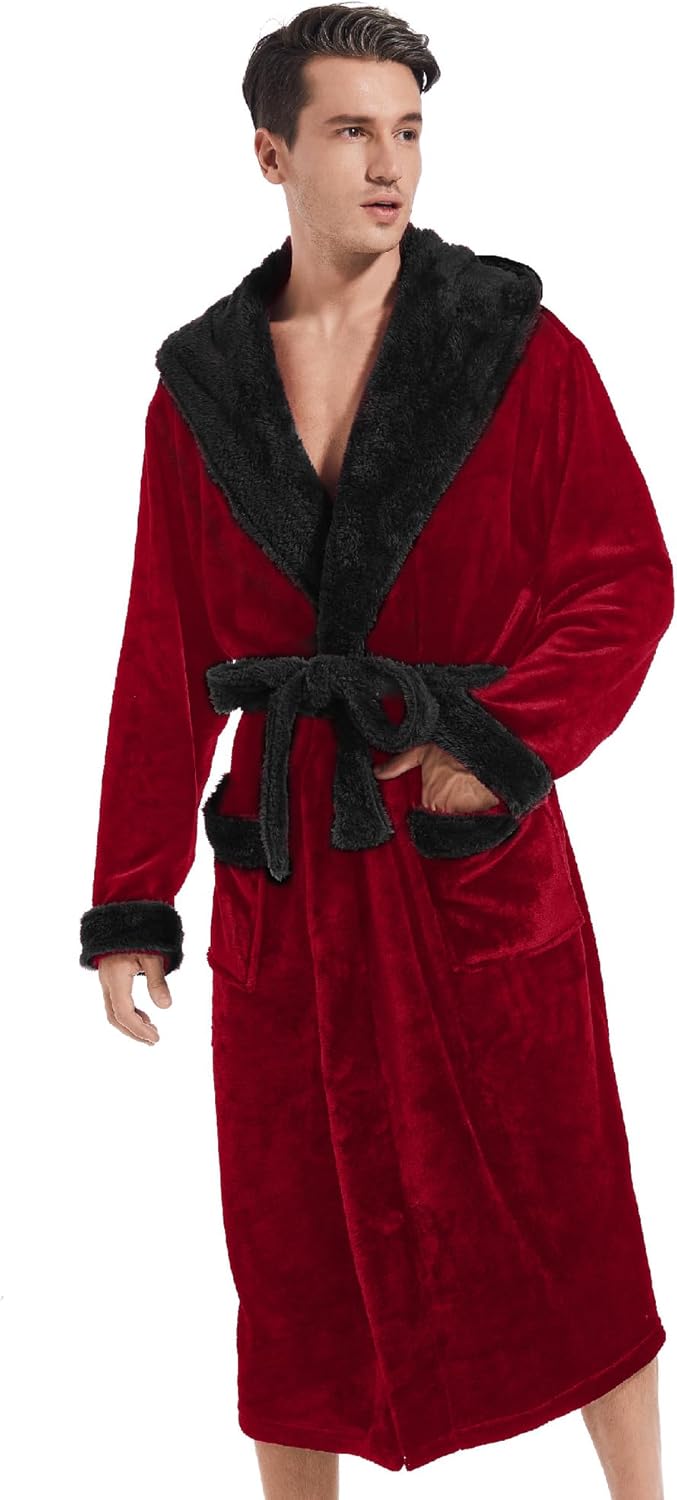 Inner Wish Mens Hooded Robe, Plush Long Bath robes Cozy Warm Bathrobe Fuzzy male Spa Robe With Pockets - Image 2