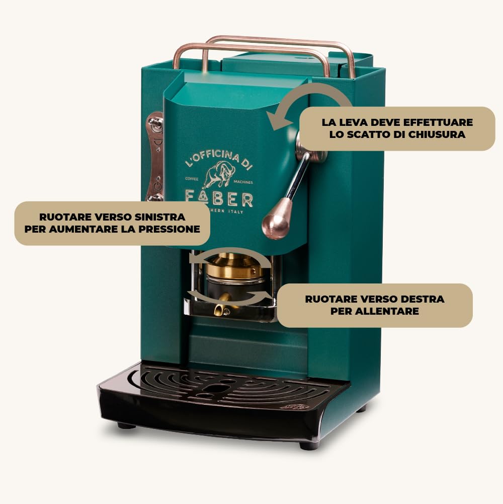 FABER COFFEE MACHINES | Modèle Pro Deluxe | Machine à café à dosettes ese 44mm | finitions Cuivre | Pressacialda en laiton (British Green)