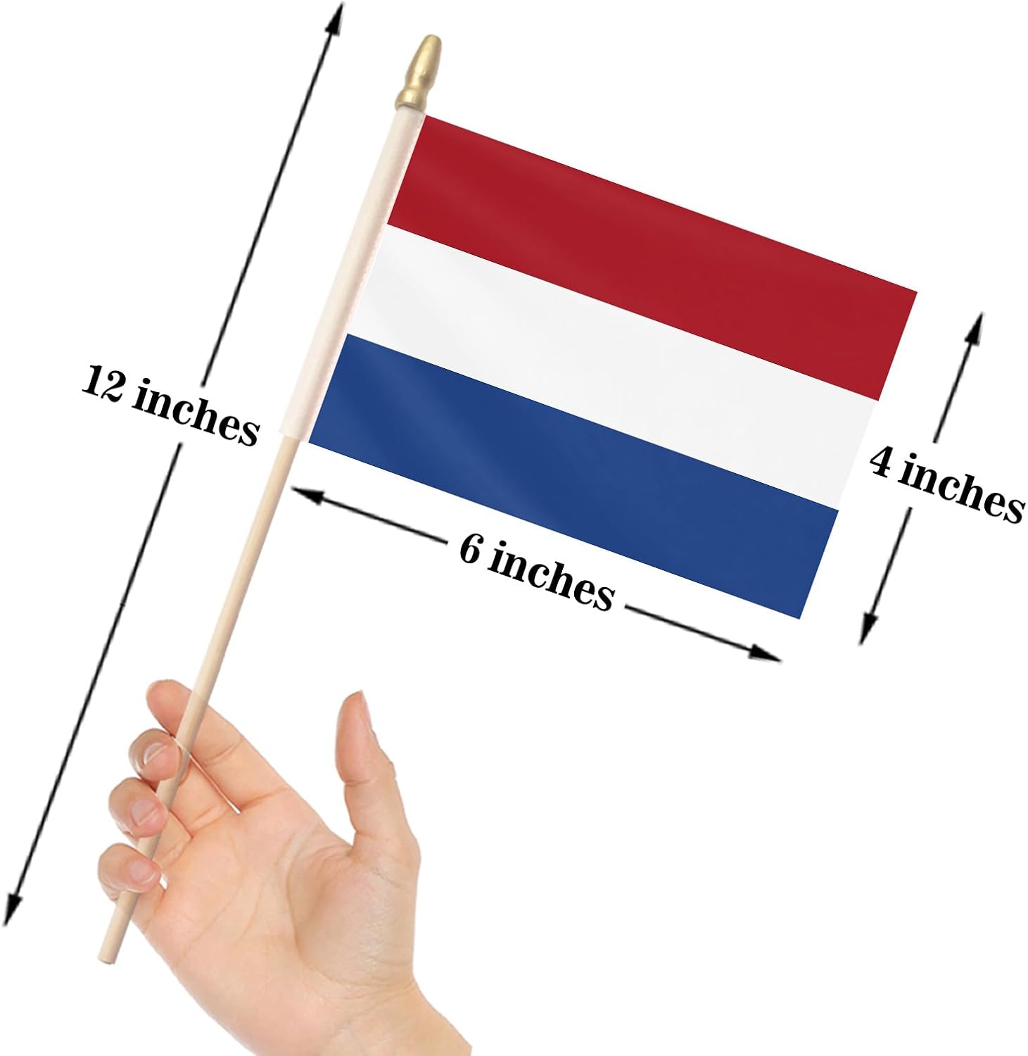 12 Pcs Netherlands Handheld Flag 4x6 Inch Dutch Small Flag On Wood Stick Pole with Spear Top Bright Colors Polyester Indoor Outdoor