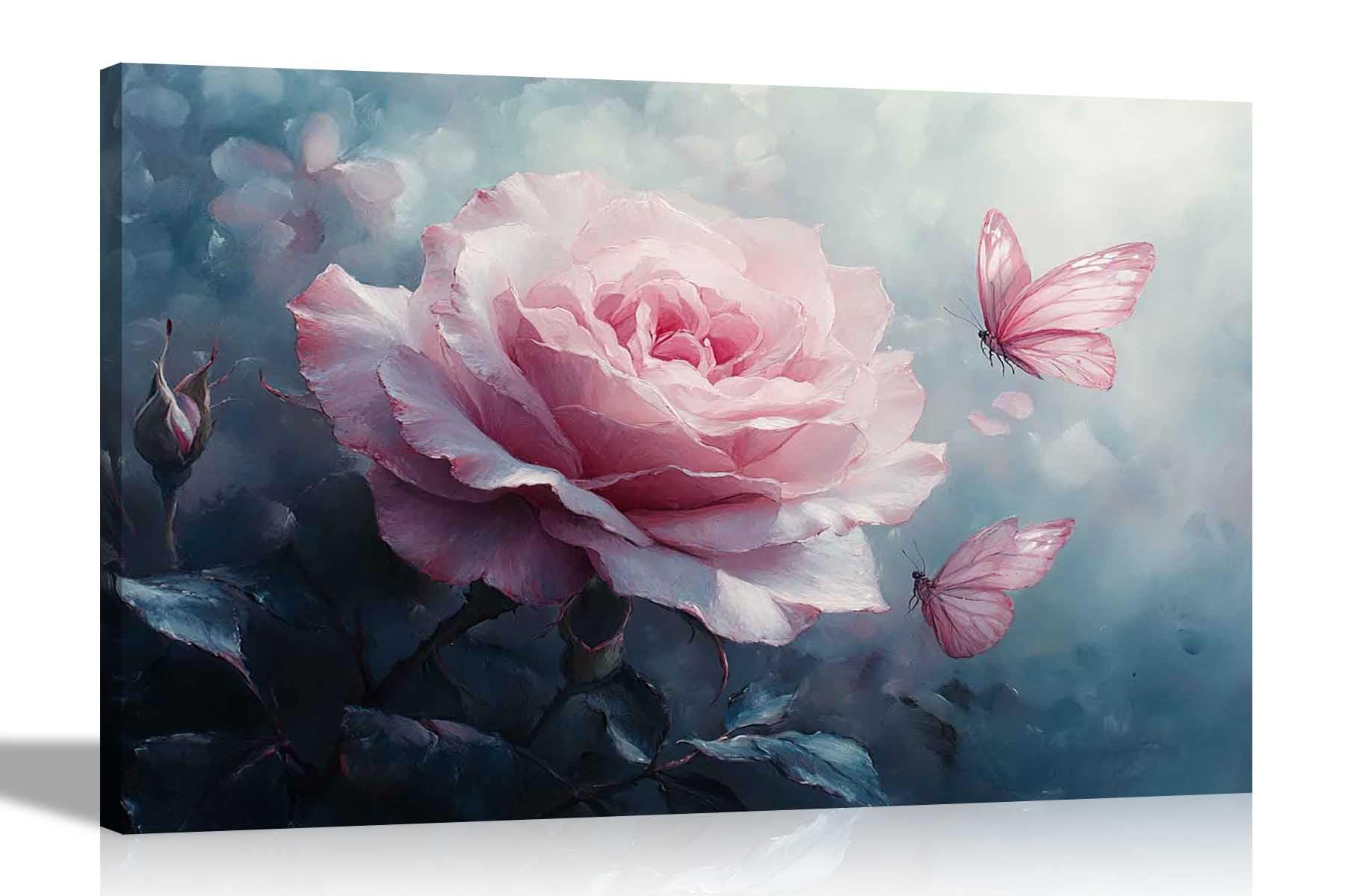 Artley Prints - Pink Rose and Butterflies Framed Canvas Wall Art For Living Room, Bedroom, Hallway Prints 76 x 50cm (30 x 20 inches)