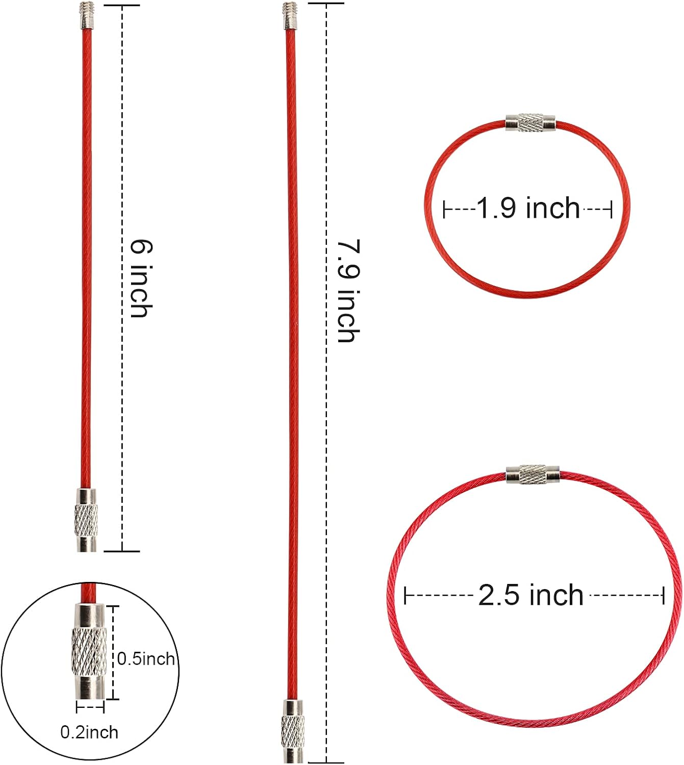 U/B Large Key Ring, Wire Keychain Cable, 6 and 7.9 inch Colored Stainless Steel luggage tag Loops with Screw Lock for Hiking, Outdoor Hanging - 20PCS, 2mm, 5 Colors