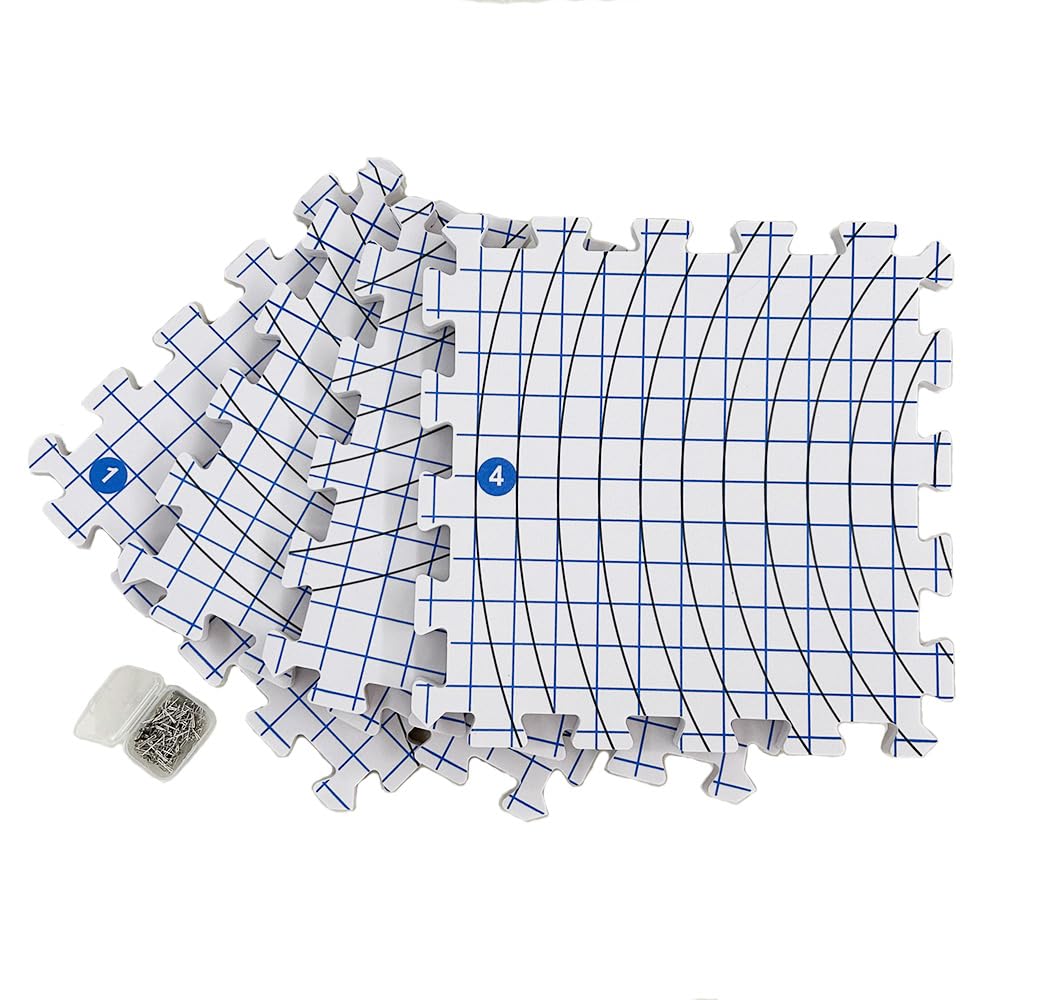 Tapis de Blocage Extra épais de 1,9 cm pour Tricot et Crochet, Avec 100 épingles en T et Grilles de Blocage à Emboîter (32 x 32 cm, Lot de 9 Avec Sac de Rangement)