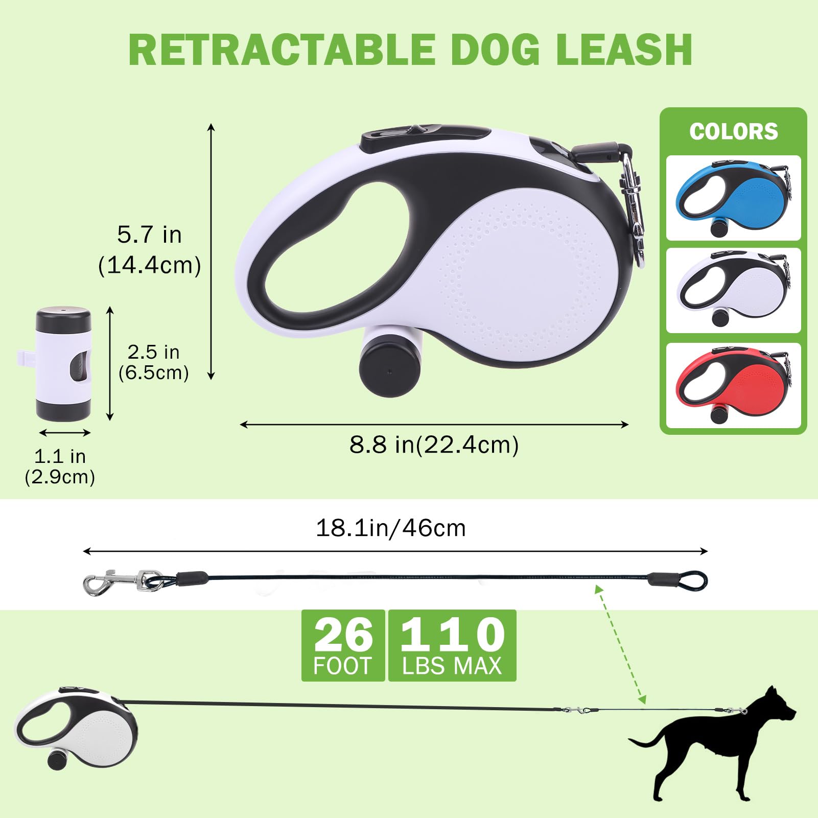SCENEREAL Correa retráctil para perros pequeños, medianos y grandes de hasta 110 libras, cinta de nailon sin enredos de 26 pies, 360° con cuerda de alambre antimasticación y dispensador de bolsas de