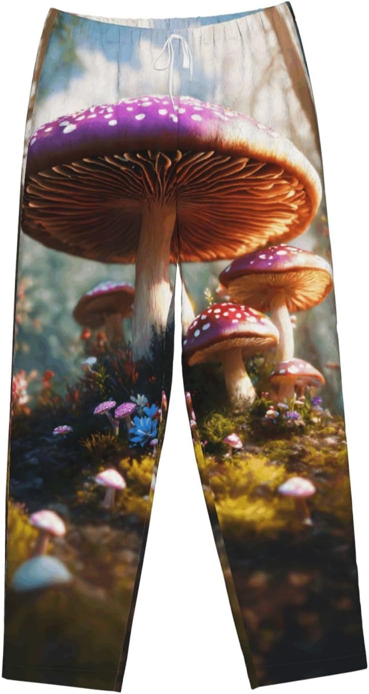 Wild Mushroom Print Cozy Flannel Pajama Pants For Women,Warm Christmas Pj Pants,Cute Fleece Pajamas